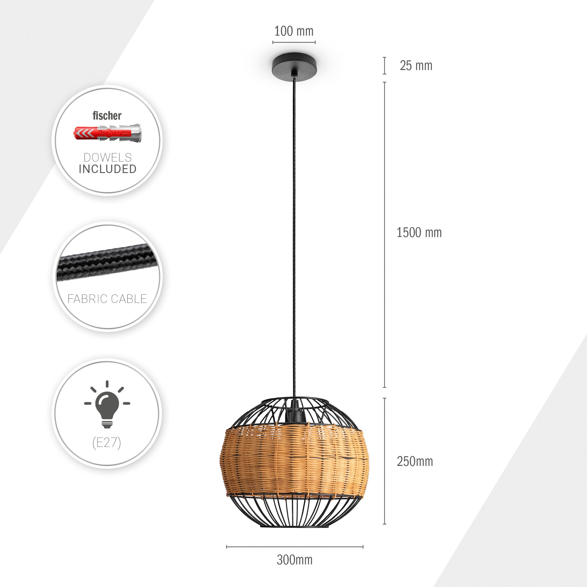 Paco Home Pendelleuchte »PUGLO«, Leuchtmittel E27 | ohne Leuchtmittel, Rattan Pendelleuchte Korb Lampe LED Rund Esstischlampe E27 Boho