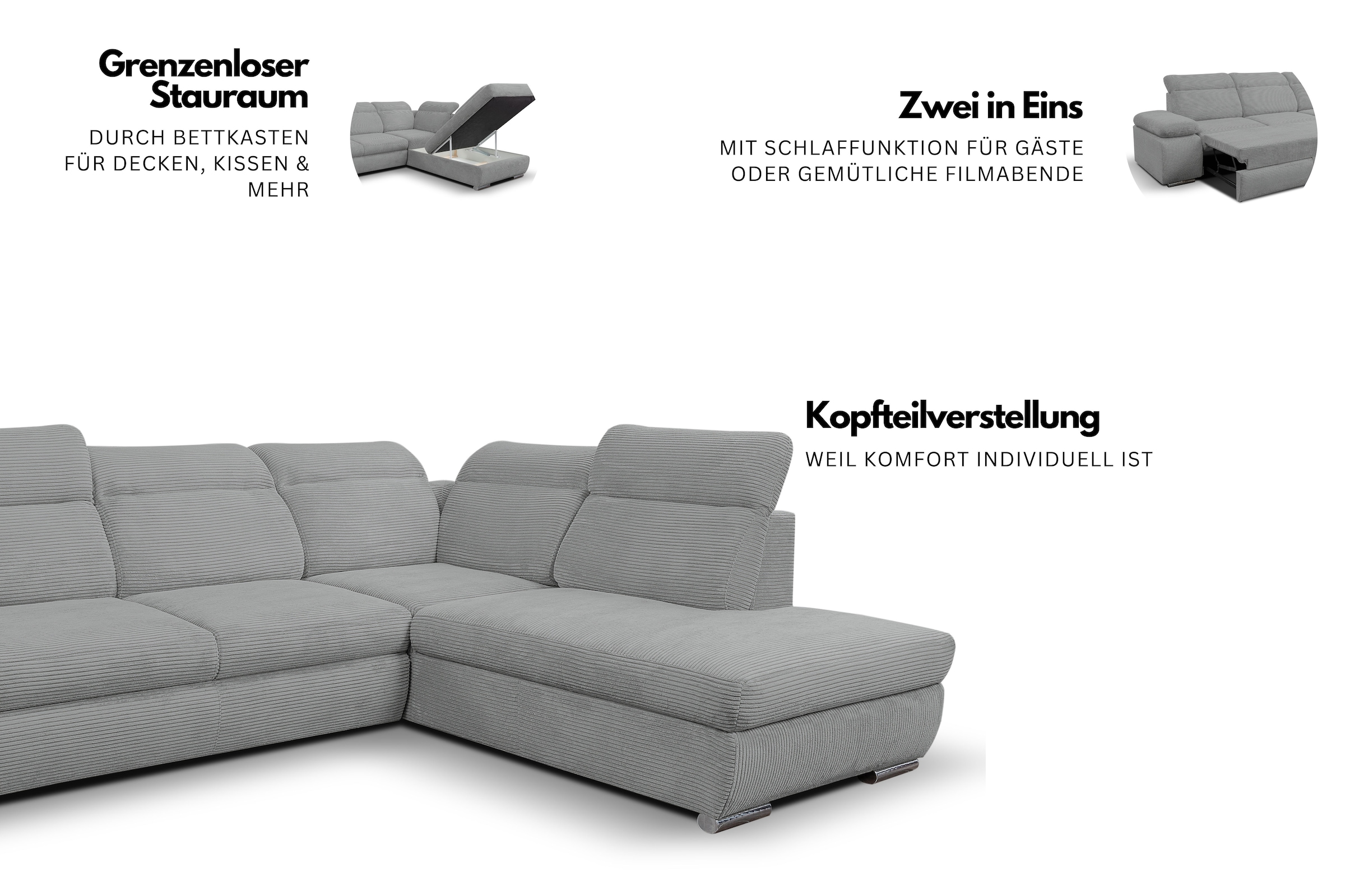 WERK2 Ecksofa »Alicante Kopfteilverstellung, Bett & Bettkasten, Cord, L-Form, bequem« Cord, L-Form, XXL, Schlaffunktion, Bettkasten