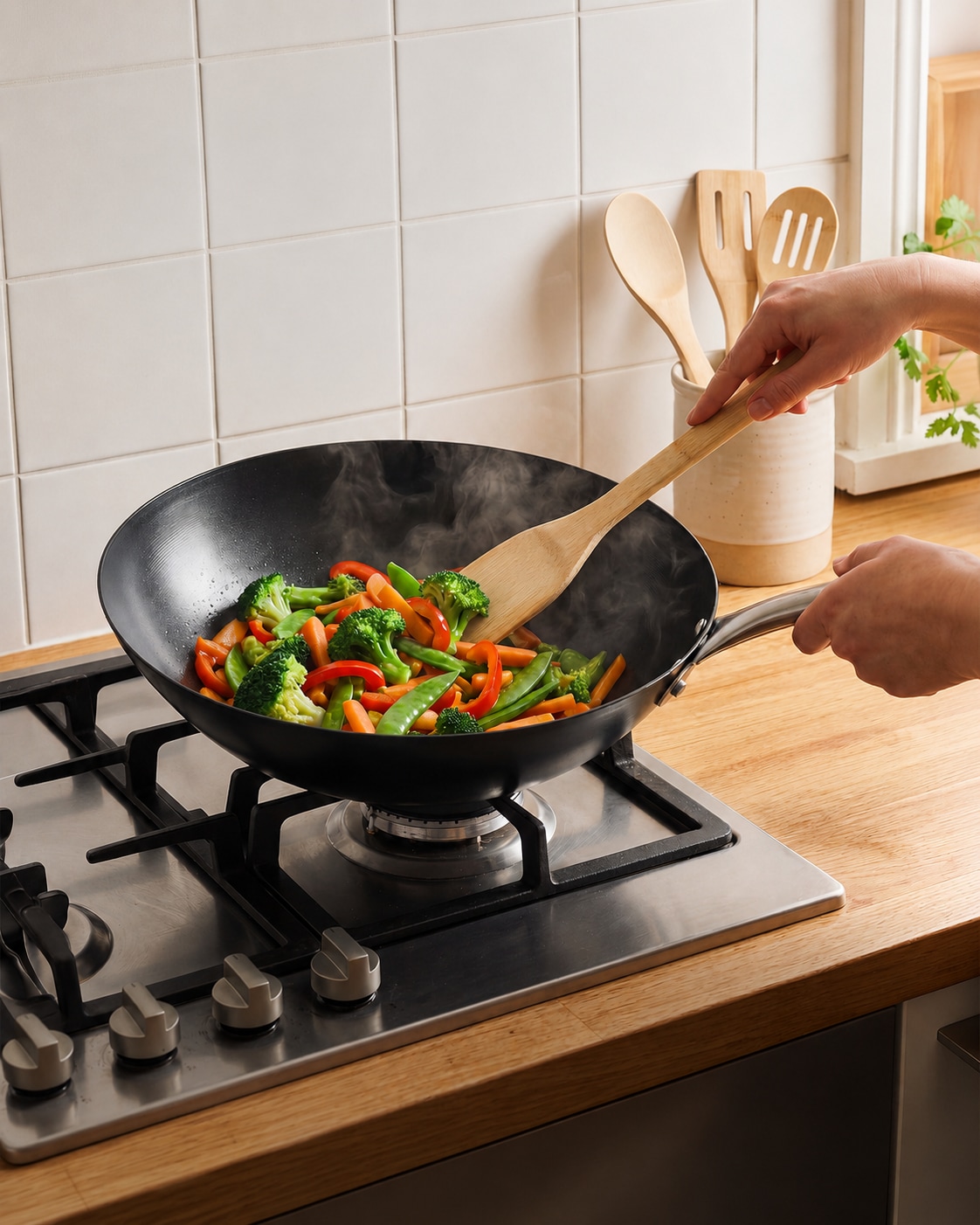 Cosy & Trendy Wok »Fusion Pro Wokpfanne Ø 30 cm« Karbon-Stahl Set, 5 tlg. Keramikbeschichtung und Bambusspateln, für alle Herdarten