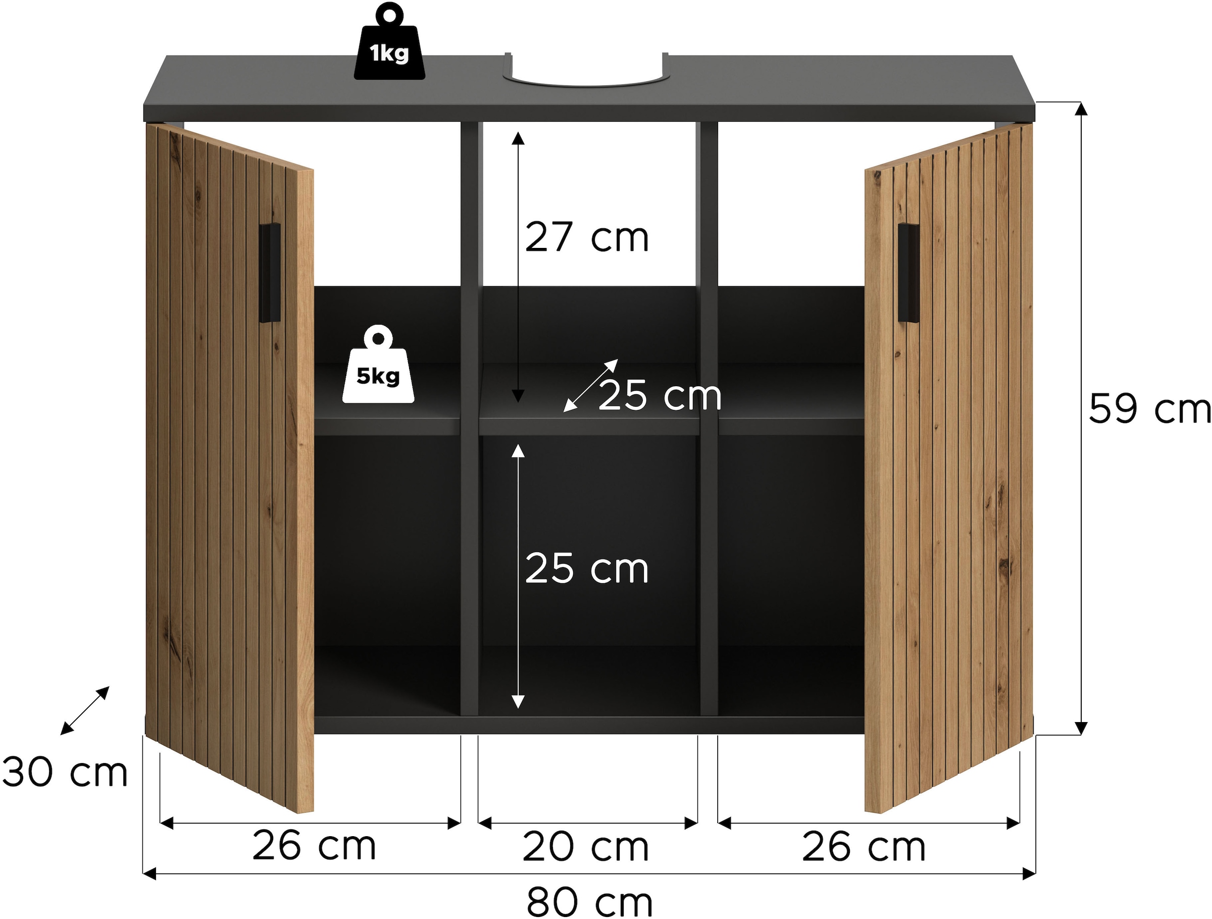 welltime Waschbeckenunterschrank »MANI, Paneeloptik, 2 offene Fächer, Siphonausschnitt« 1 Stk. tlg. WBU, Waschbeckenunterschrank, Unterschrank, Badschrank, Badezimmer