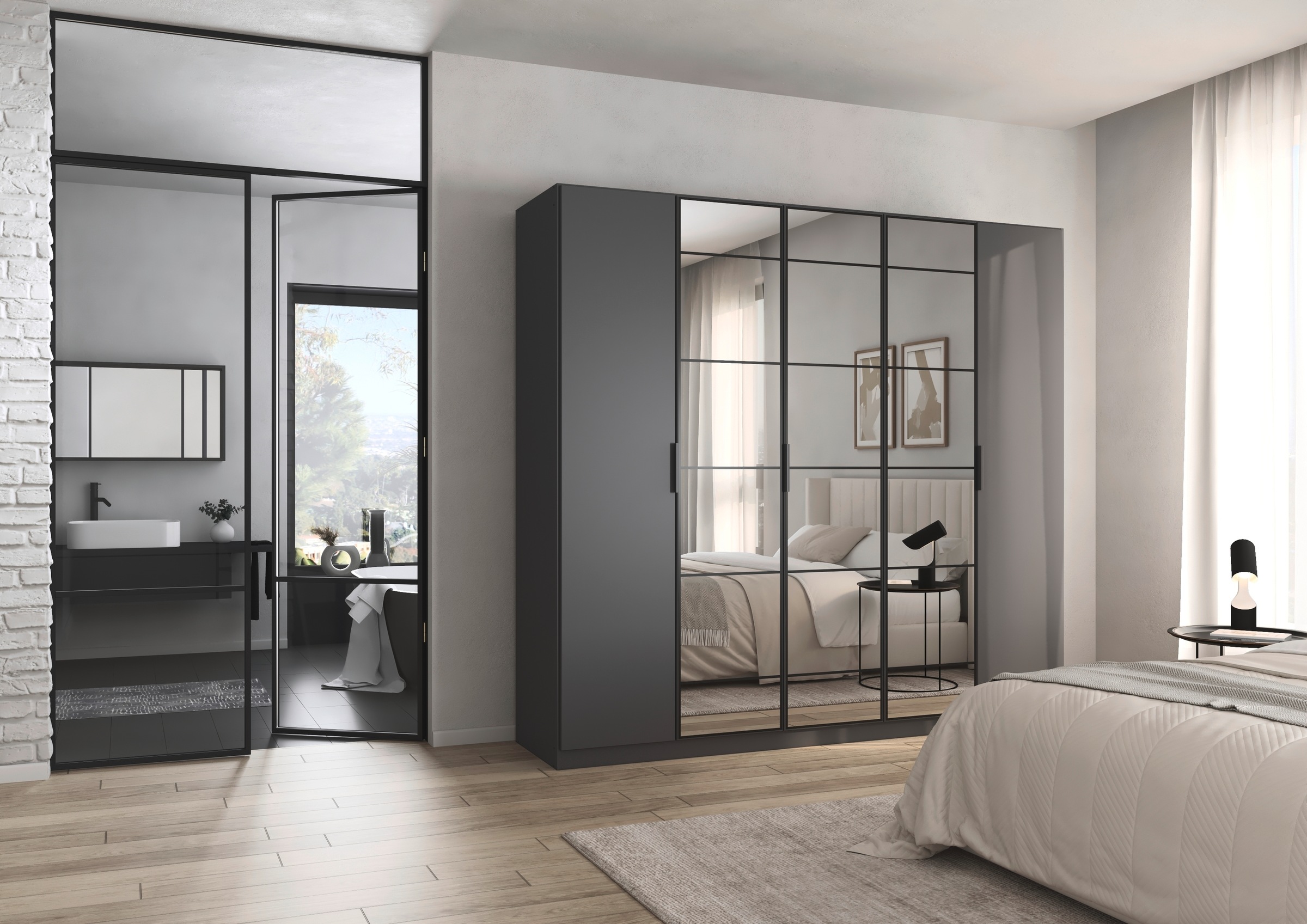 rauch Drehtürenschrank »Kleiderschrank Schrank Garderobe Schlafzimmerschrank ACERO«, Mitteltüren mit Spiegel in moderner Loft-Optik MADE IN GERMANY