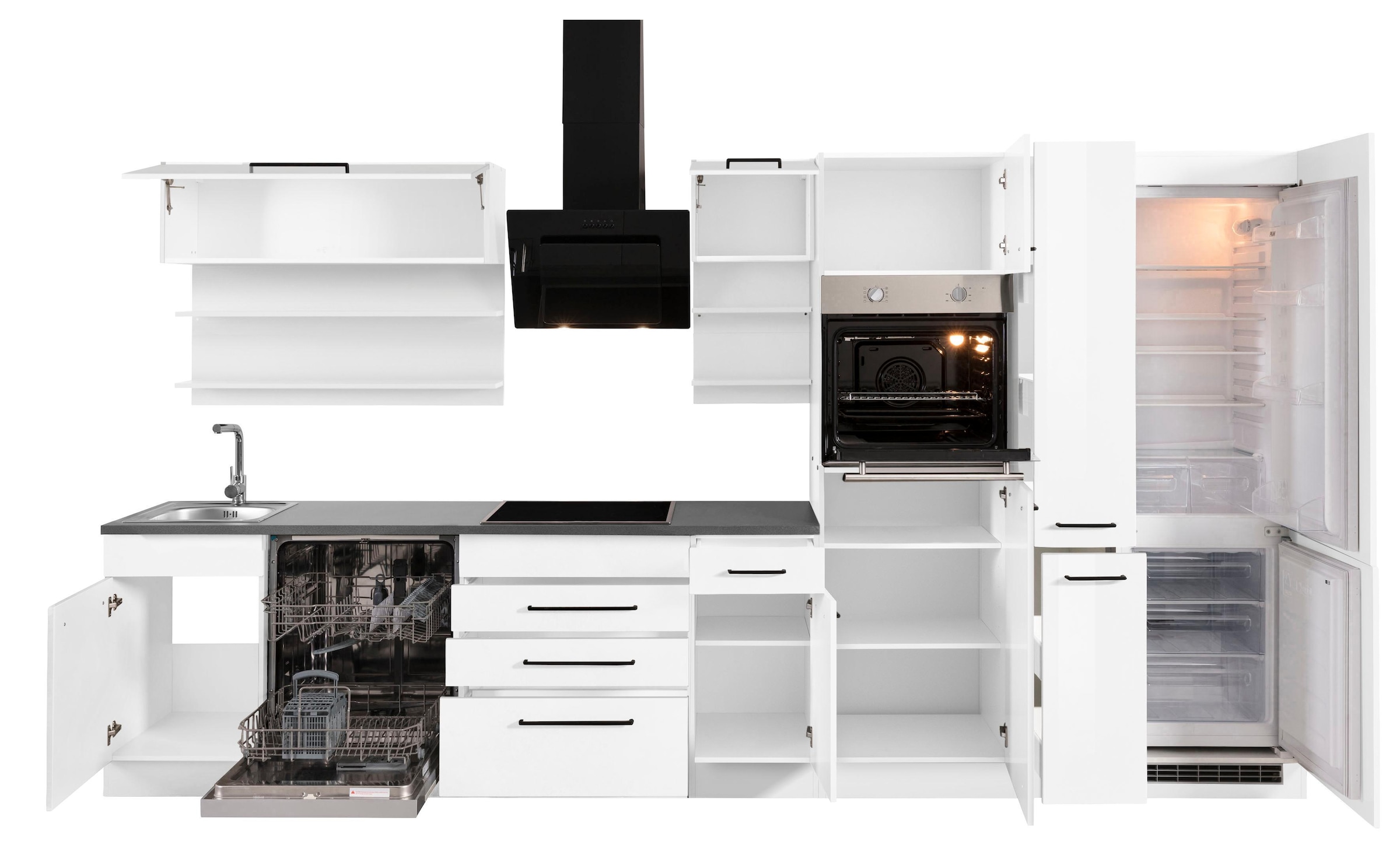 KOCHSTATION Küchenzeile »KS-Tulsa«, mit E-Geräten, Breite 360 cm, schwarze Metallgriffe, MDF Fronten