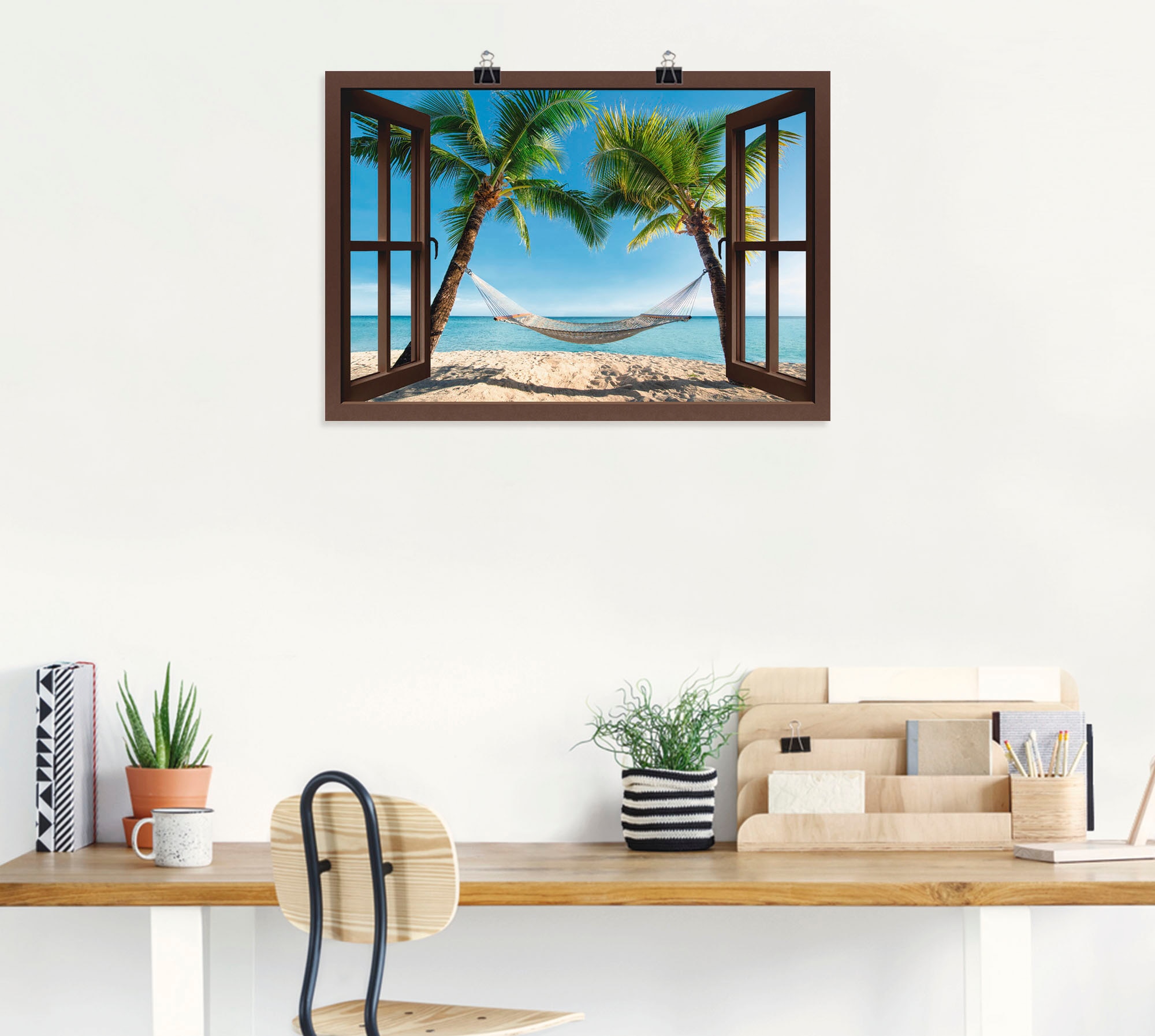 Artland Wandbild »Fensterblick Palmenstrand Karibik«, Amerika, (1 St.), als Leinwandbild, Poster, Wandaufkleber in verschied. Größen