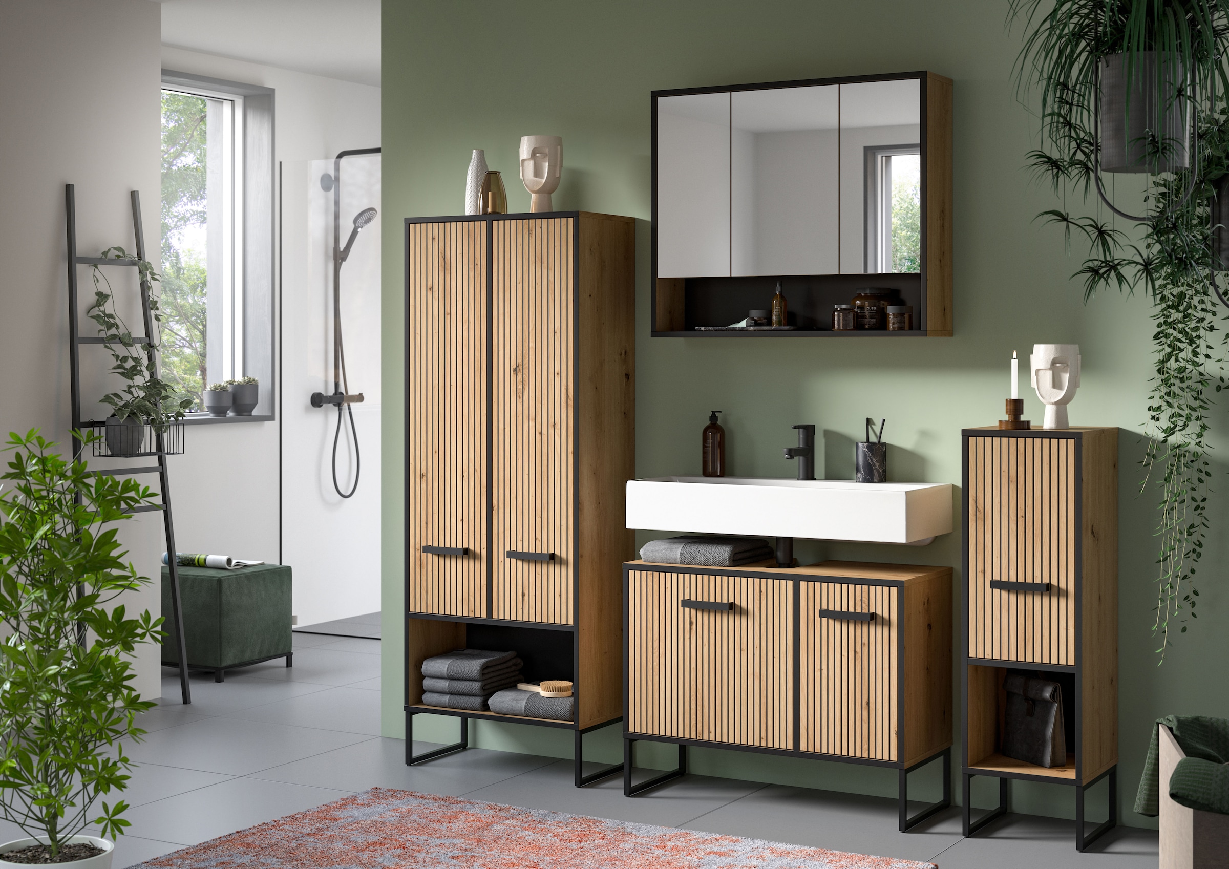 welltime Waschbeckenunterschrank »LOCRI, Höhe 63 cm, 2 Türen, 2 Einlegeböden, mit Siphonausschnitt« industrial Look mit Rillenoptik & Metall Kufen, 1 Stk. tlg. Badmöbel, Badschrank, Badkommode, Kommode, Schrank, Bad, Badezimmer