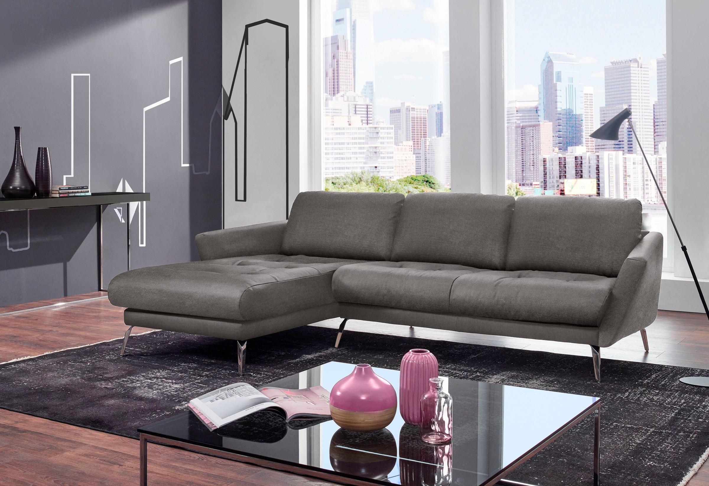 W.SCHILLIG Ecksofa »softy, Designsofa, zeitlos und elegant, hoher Sitzkomfort, L-Form«, mit dekorativer Heftung im Sitz, Füße Chrom glänzend