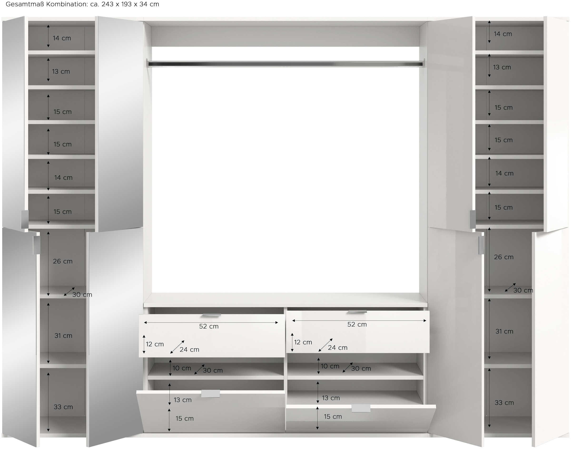 INOSIGN Garderoben-Set »Trondheim, Breite 243 cm, 5-teilig, bestehend aus:« Set, 4 Stk. tlg.