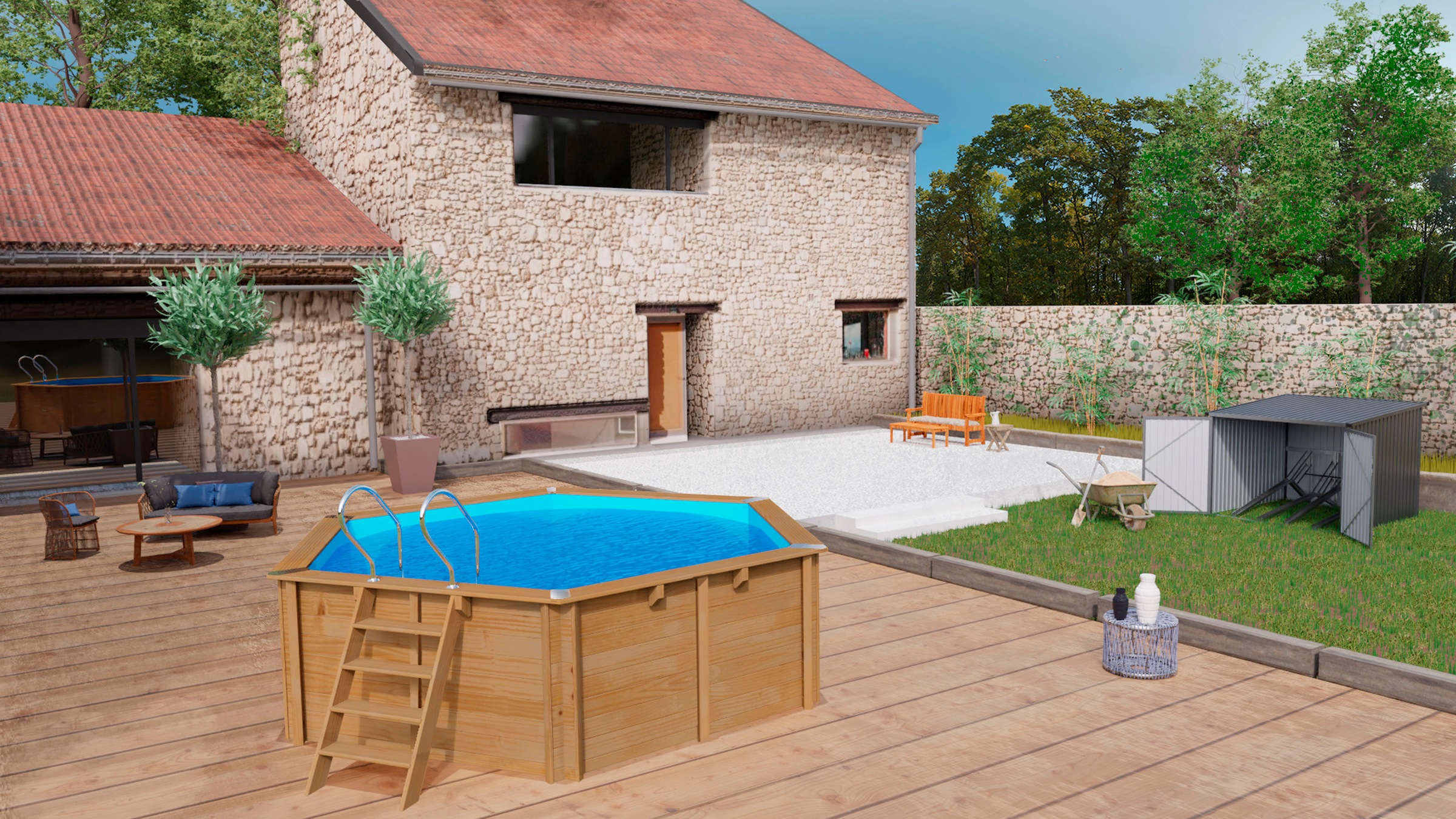 Gre Achteckpool »VASTO mit Edelstahlleiter« Kiefernholz, ØxH: 428x136 cm