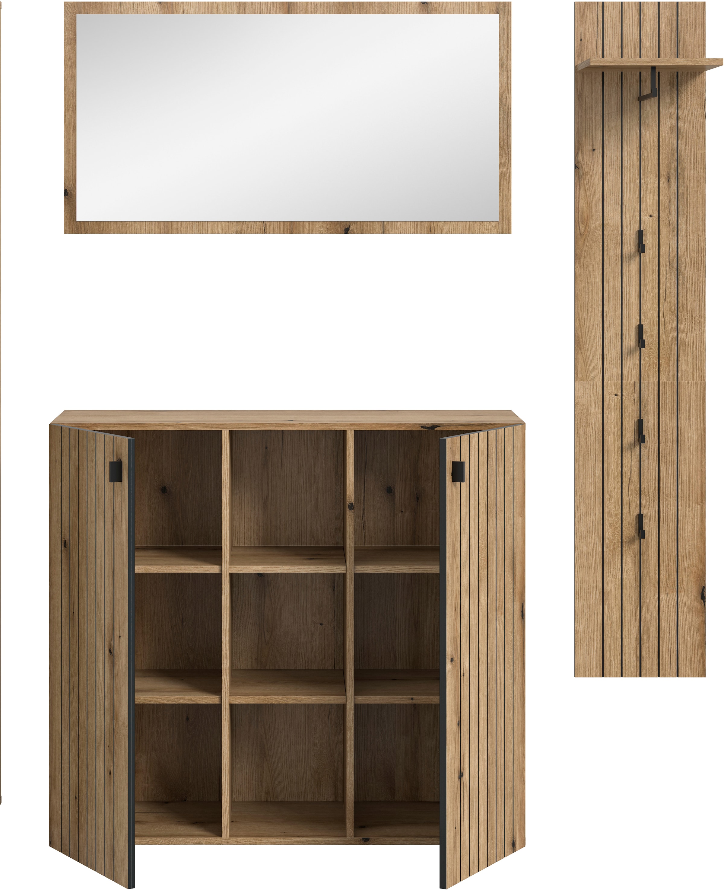 INOSIGN Garderoben-Set »TATIO, 3-tlg. Garderobenkombination, Breite:157cm, Rillenfräsung« Set, Set, best. aus: 1 Spiegel, 1 Garderobenpaneel, 1 Schuhkommode, 3 Stk. tlg.