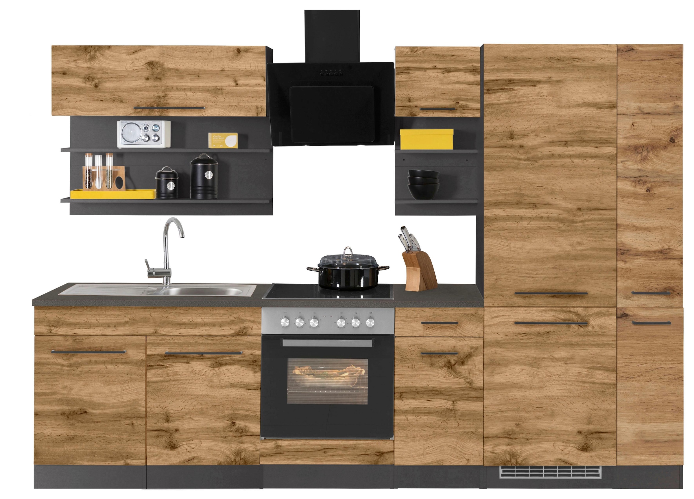 KOCHSTATION Küchenzeile »KS-Tulsa«, ohne E-Geräte, Breite 300 cm, schwarze Metallgriffe, MDF Fronten
