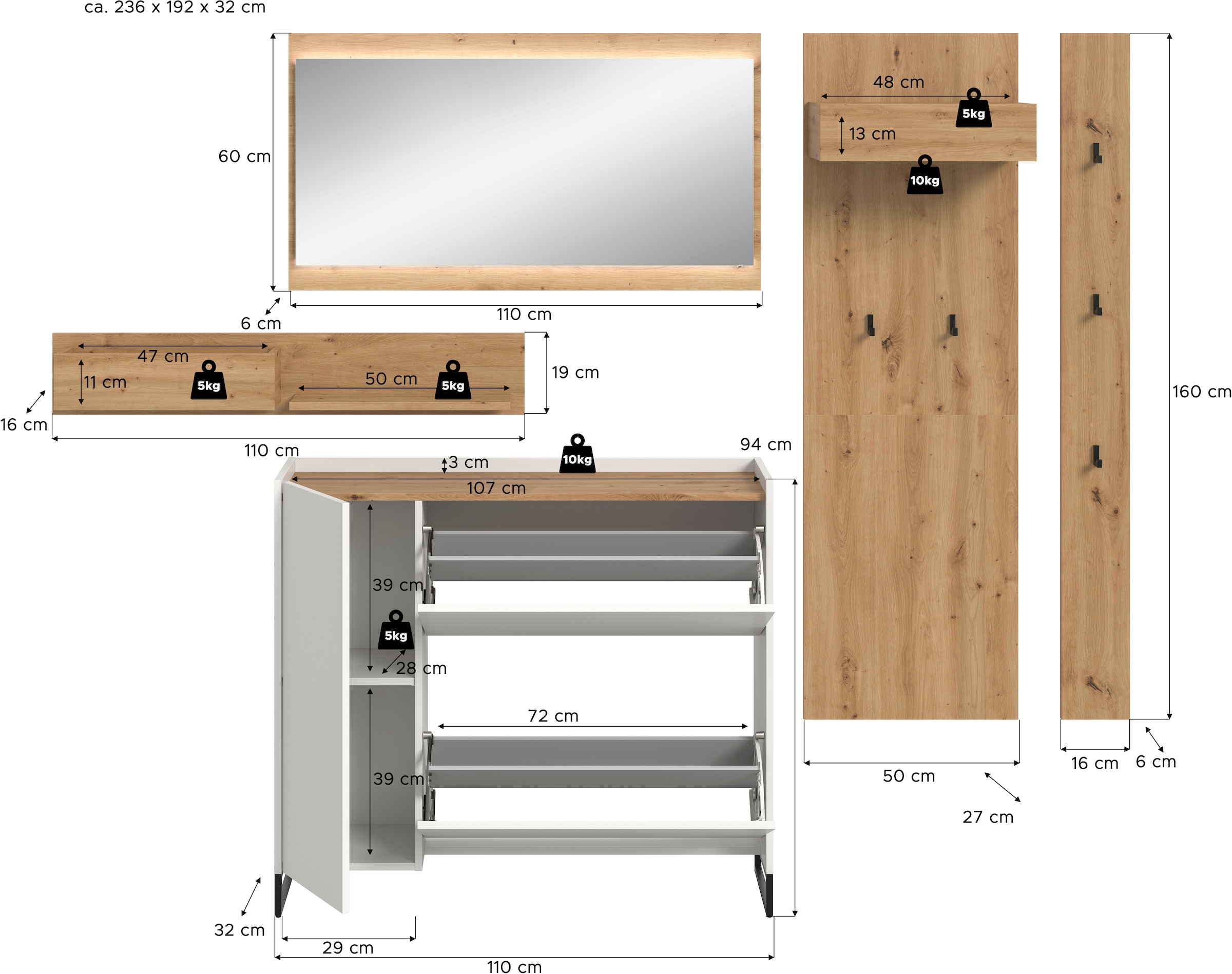 INOSIGN Garderoben-Set »EVRID, 5-teilig, Breite 236 cm, inkl. Beleuchtung« best. aus: Wandboard, Kommode, Spiegel, Garderobenpaneel, Hakenleiste, 5 Stk. tlg. Garderobenkombination, Garderobe, Wandgarderobe, Flur, Diele