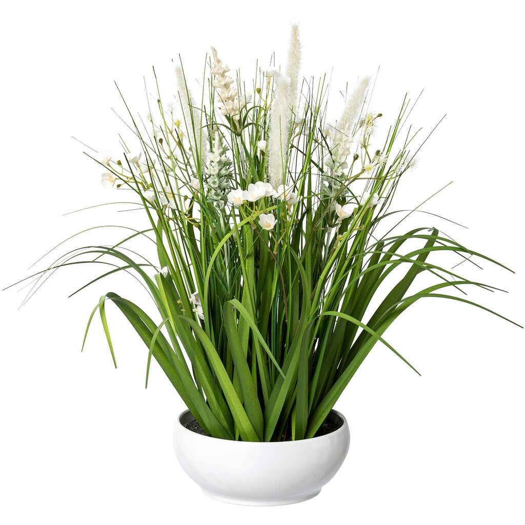 Creativ green Kunstgras »Blüten-Gras-Mix«, (1 St.), in weißer Kunststoffschale