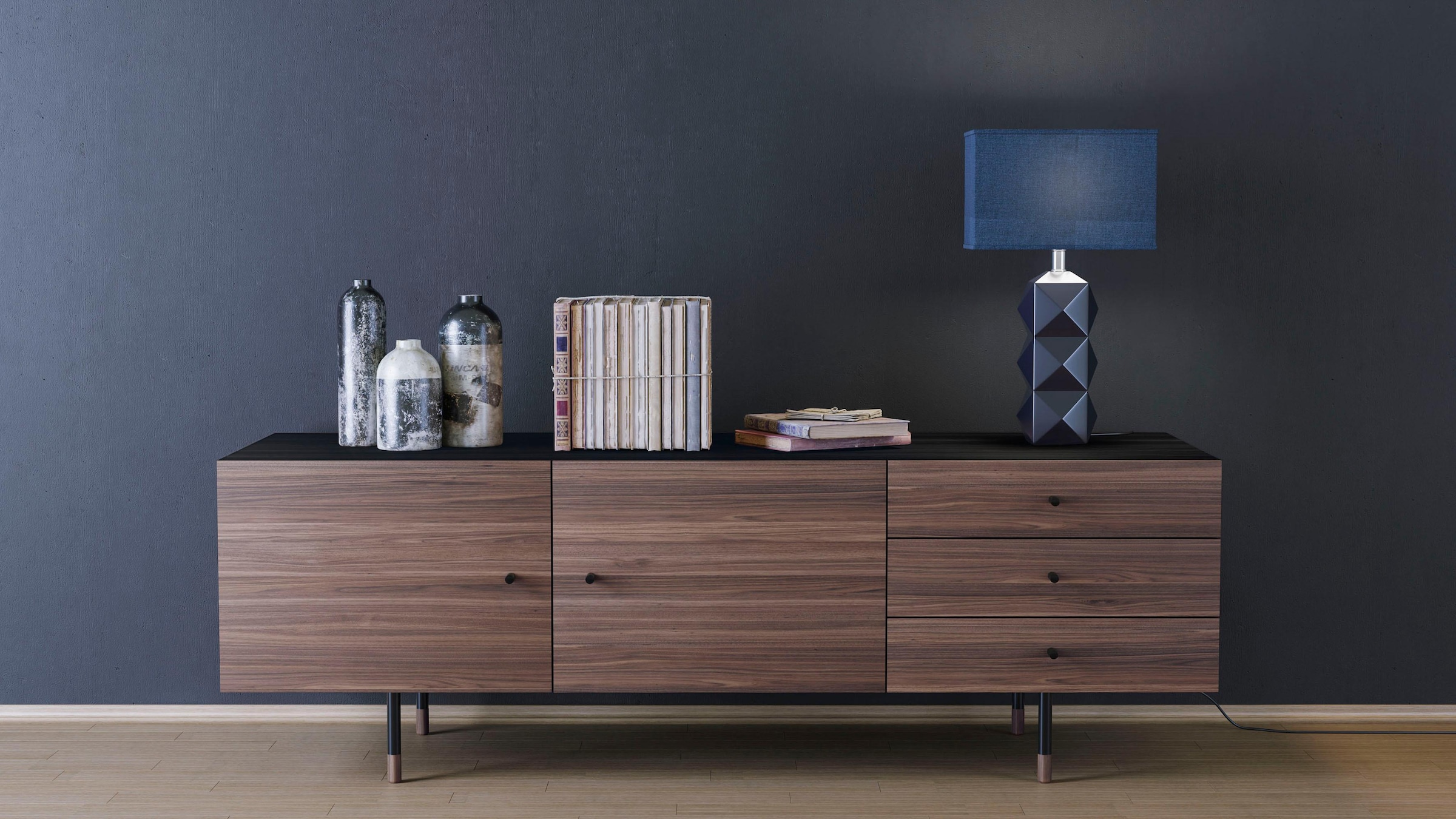 Sideboard „Daniel“, Breite 180 cm, Holzfurnier aus Walnussbaum, schwarz/walnuss B/H/T: 180 cm x 70 cm x 48 cm