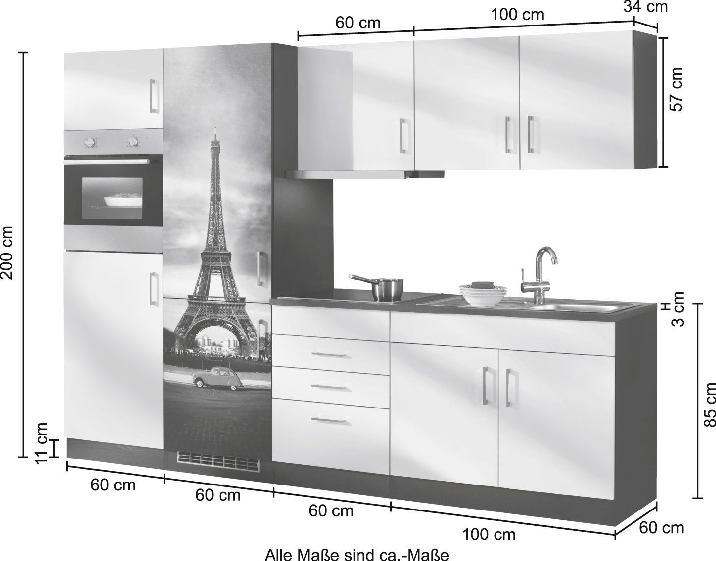 HELD MÖBEL Küchenzeile »Paris«, mit E-Geräten, Breite 280 cm