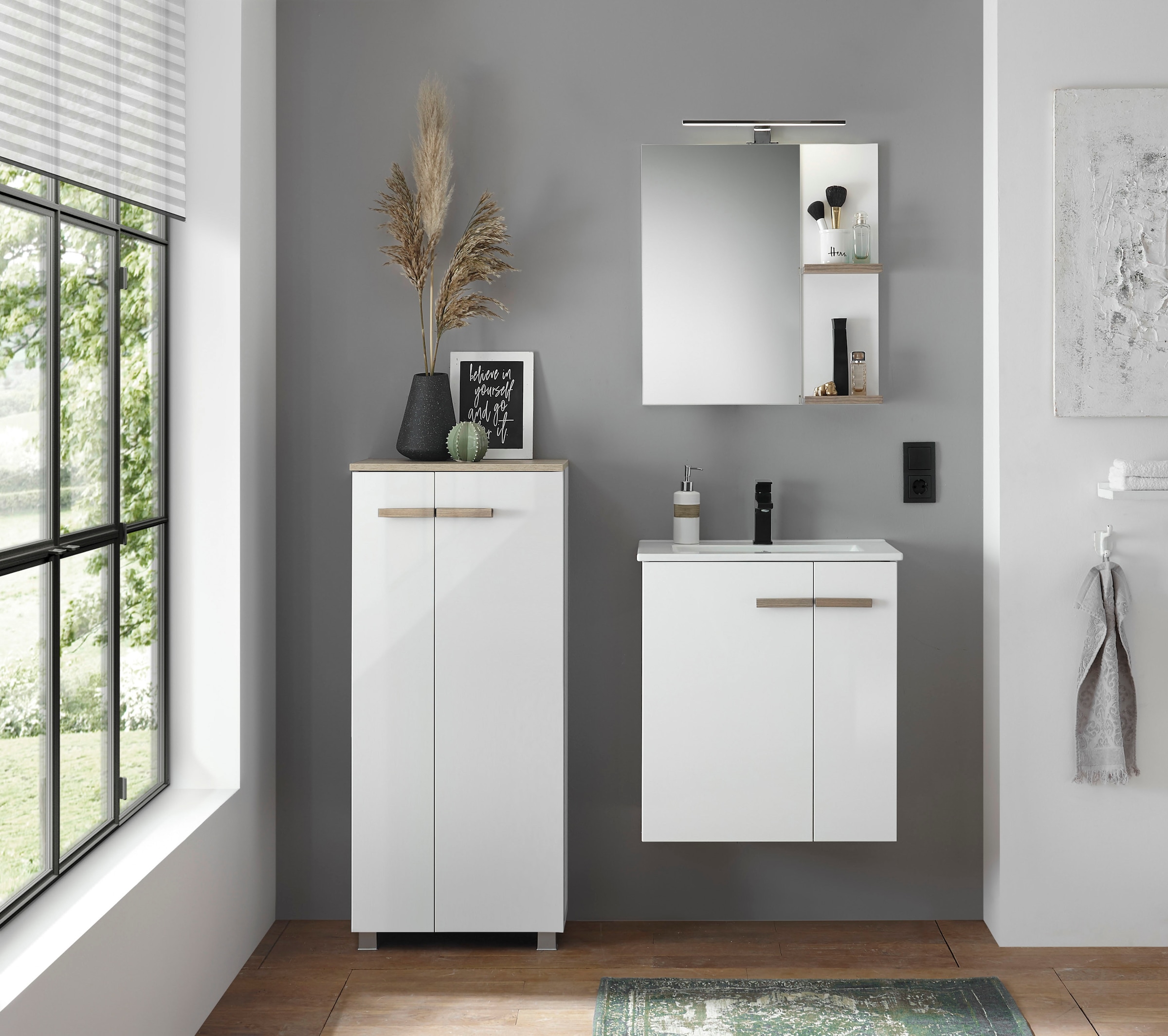 Places of Style Badmöbel-Set »SOLiD, Badmöbel-Set, Bad im modernen Design, 3-teiliges Badezimmer«, (3 St.), Waschtisch mit Waschbecken, Midischrank, Breite 130 cm