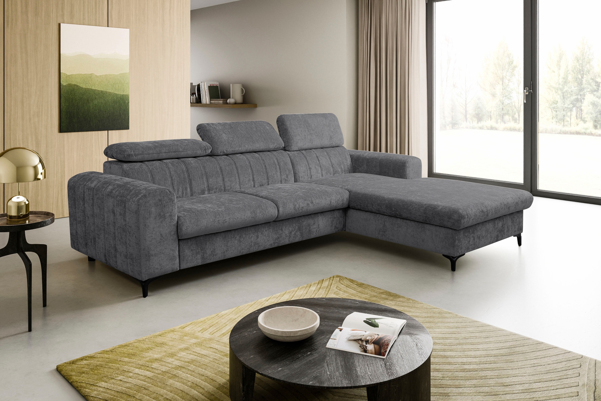 WERK2 Ecksofa »Foster L-Form mit Schlaffunktion und Bettkasten, 264 cm breit« 3 verstellbare Kopfstützen & Pfeifensteppung im Retro-Look
