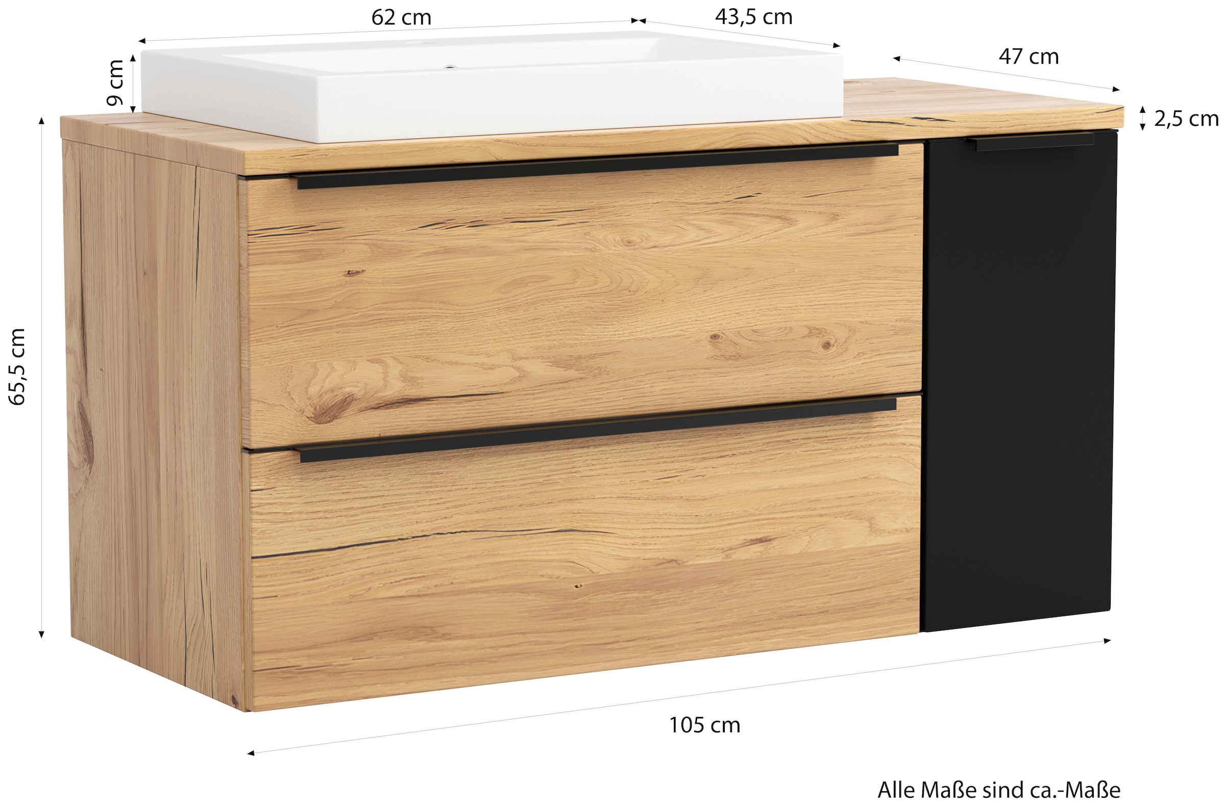 welltime Waschtisch »MAILAND, 2 Metall-Vollauszüge mit Softclose, Aufsatzbecken« Maße (B/H/T): ca. 105/65,5/47 cm, 