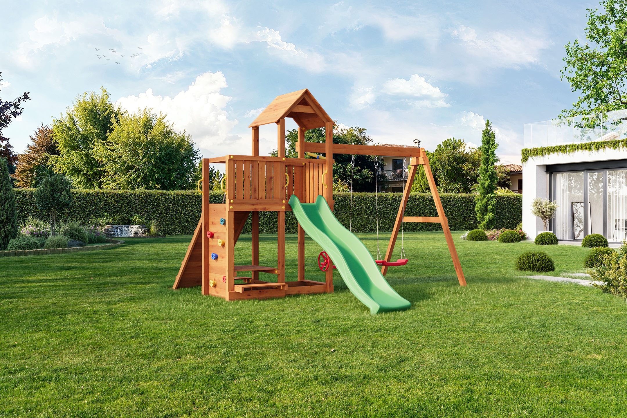 FUNGOO Spielturm »FLOPPI« mit Rutsche, Doppelschaukel, Kletterwand, Teleskop, Lenkrad