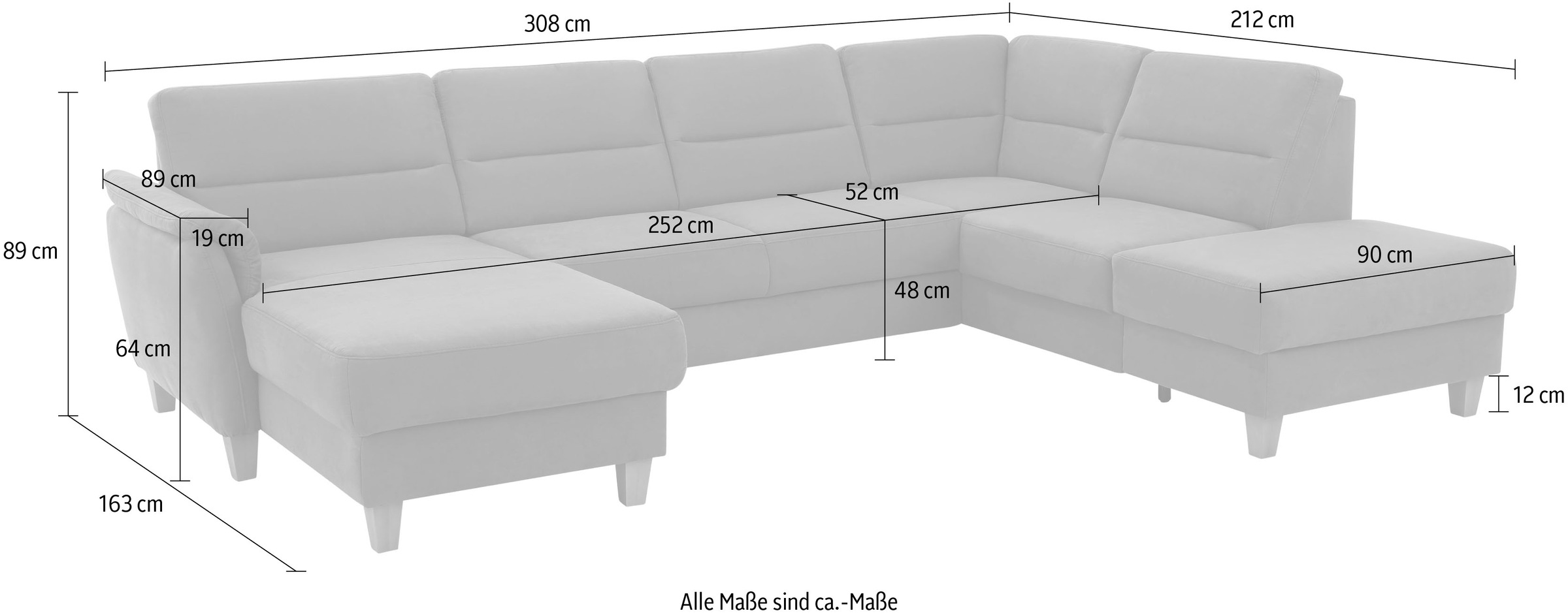 Home affaire Wohnlandschaft »Palmera U-Form, B: 308 cm«, optional Bettfunktion & Bettkasten, Federkern