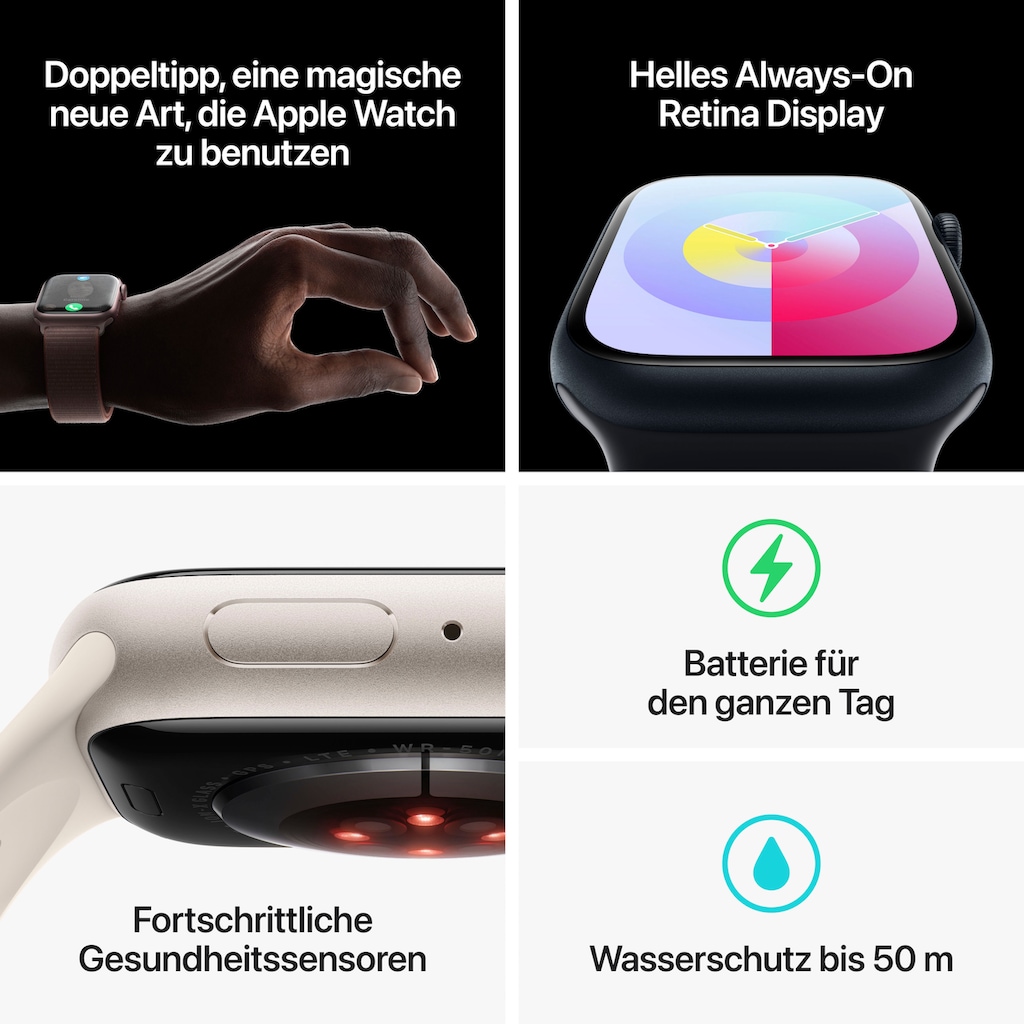 Apple Smartwatch »Watch Series 9 GPS + Cellular 45mm Aluminium M/L«, (Watch OS 10)