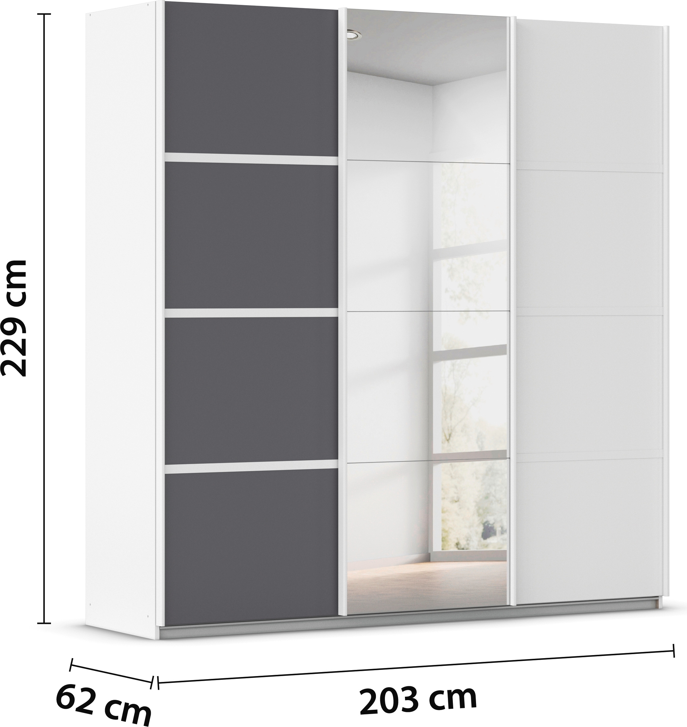 rauch Kleiderschrank »Schwebetürenschrank Garderobe Schrank TOP ANGEBOT Avola«, (in 3 verschiedenen Ausstattungen BASIC/CLASSIC/PREMIUM inkl. Spiegel), mit eleganten Zierleisten in Chrom, Schwarz oder Weiß MADE IN GERMANY