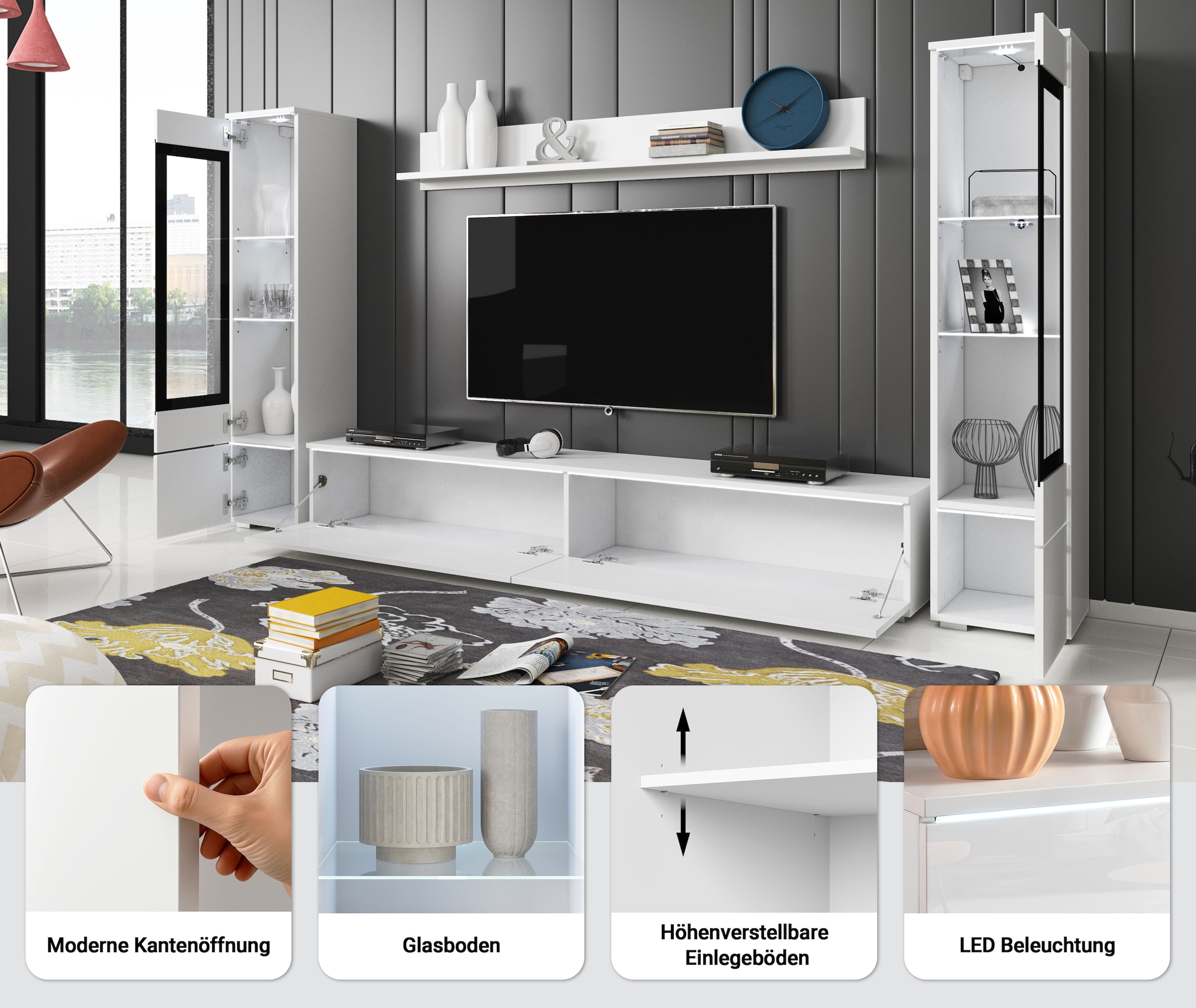 INOSIGN Wohnwand »VERA II, Vitrinen Türanschlag wechselbar«, (Komplett-Set, 4 St.), Vitrine mit Verglasung, stehend und hängend, inklusive Beleuchtung