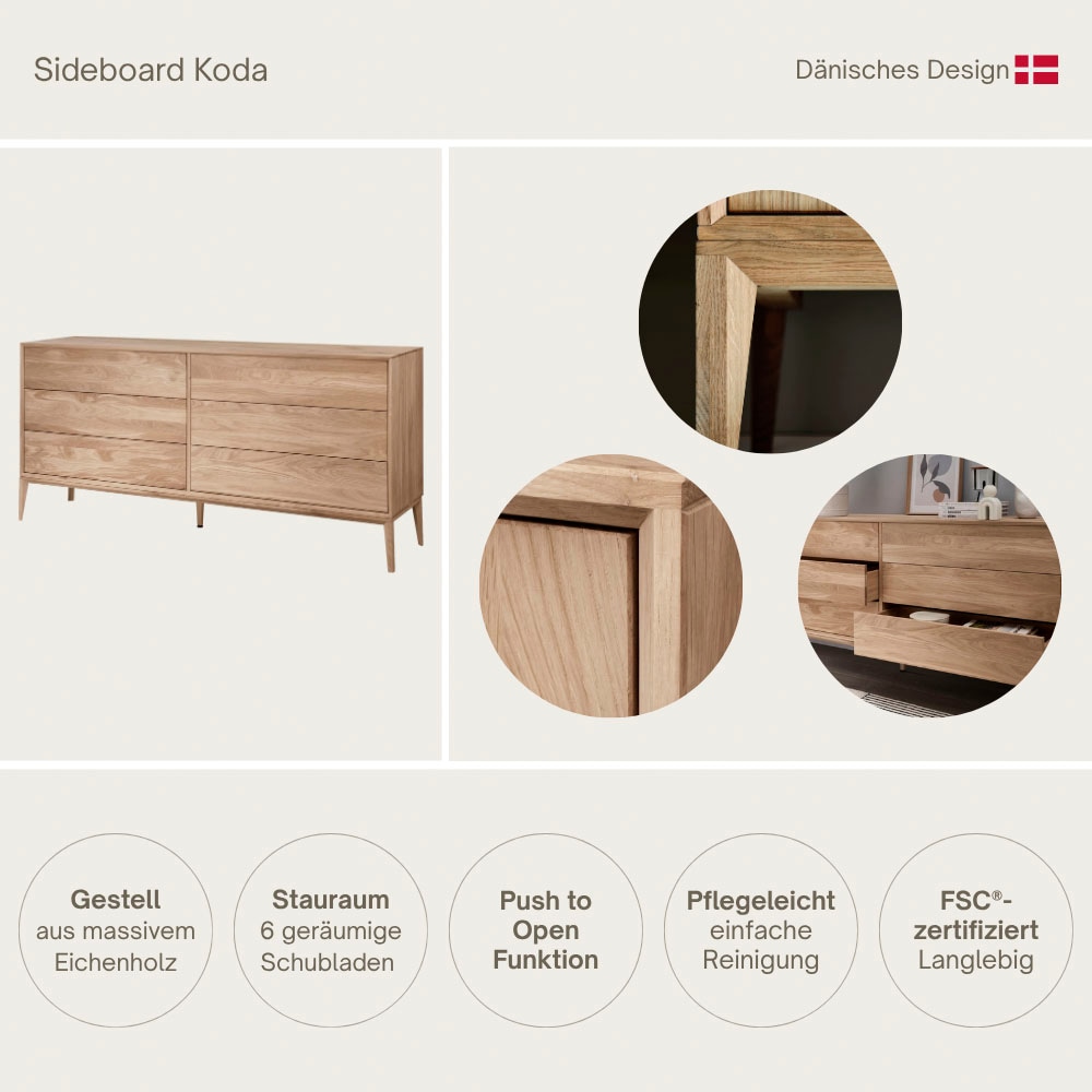 Home affaire Sideboard »Koda Kommode, 6 geräumige Schubladen mit Push-To-Open-Funktion, Scandi« Aus massivem Eichenholz, Minimalistischer Stil, B: 177,7 x H: 81,8 cm