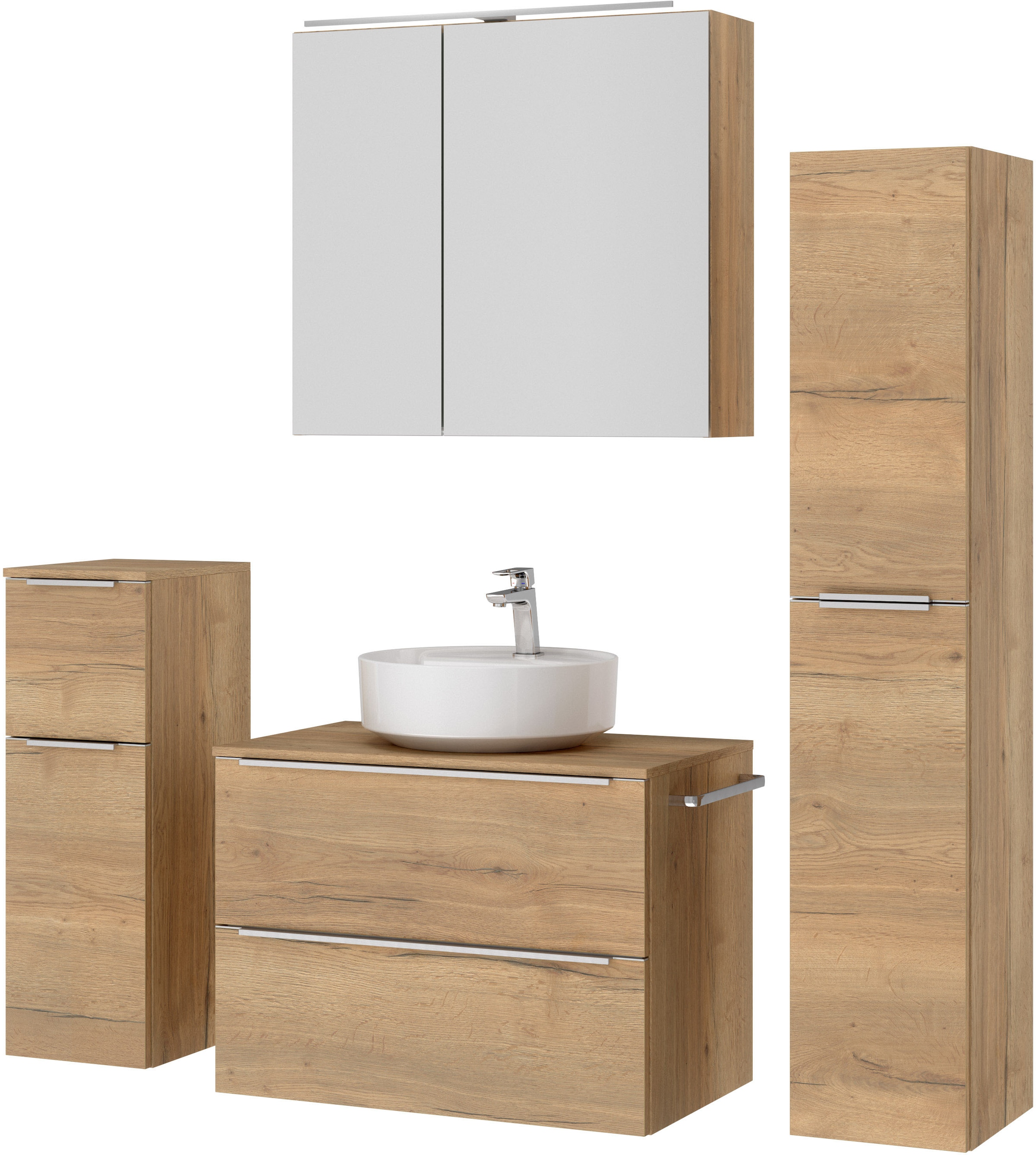 nobilia® Badmöbel-Set »Alvene«, (4 St., vormontiert, mit Soft-Close), inkl. Spiegelschrank mit Beleuchtung und Dimmerfunktion, in 4 Breiten