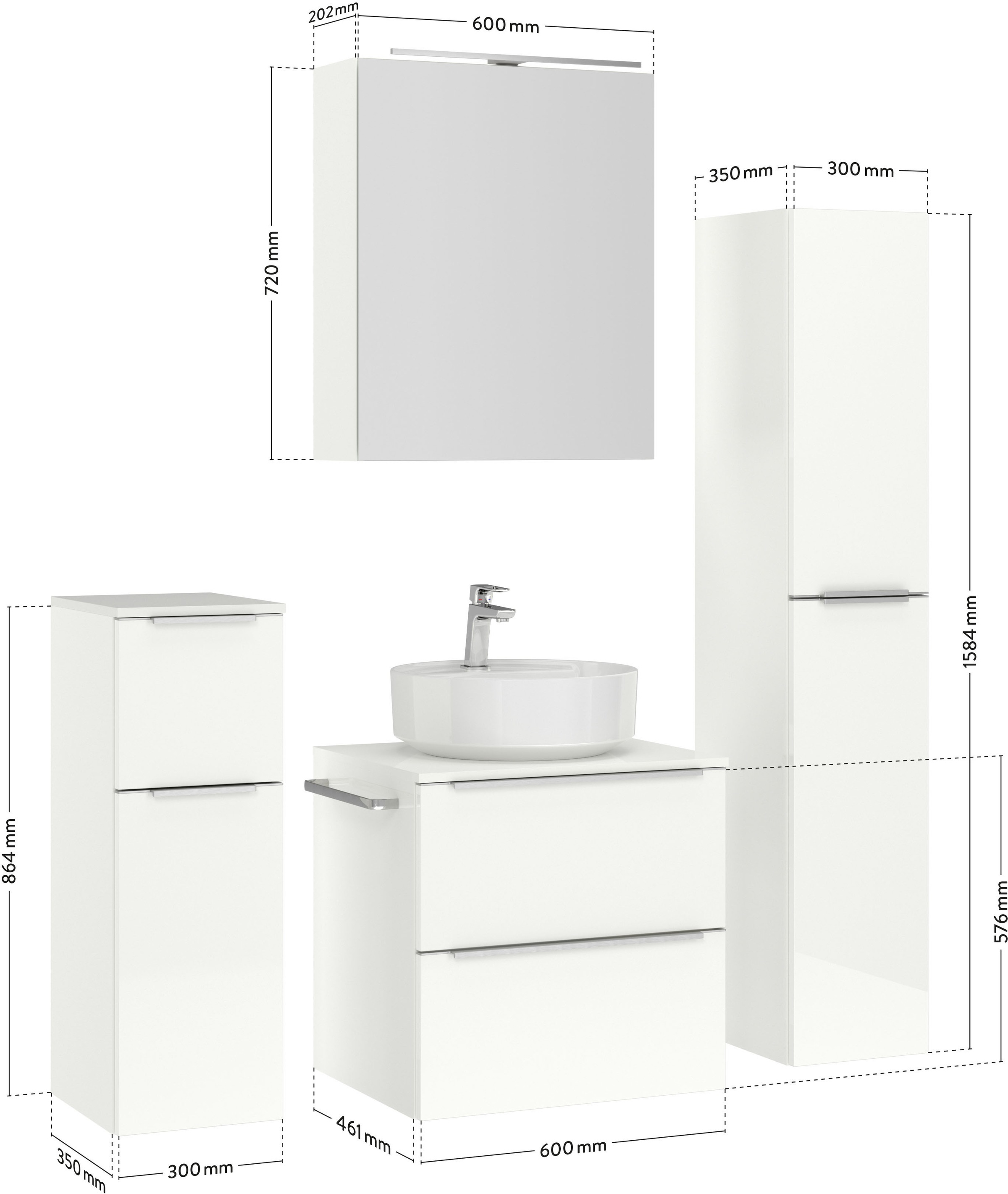 nobilia® Badmöbel-Set »Alvene«, (4 St., vormontiert, mit Soft-Close), inkl. Spiegelschrank mit Beleuchtung und Dimmerfunktion, in 4 Breiten