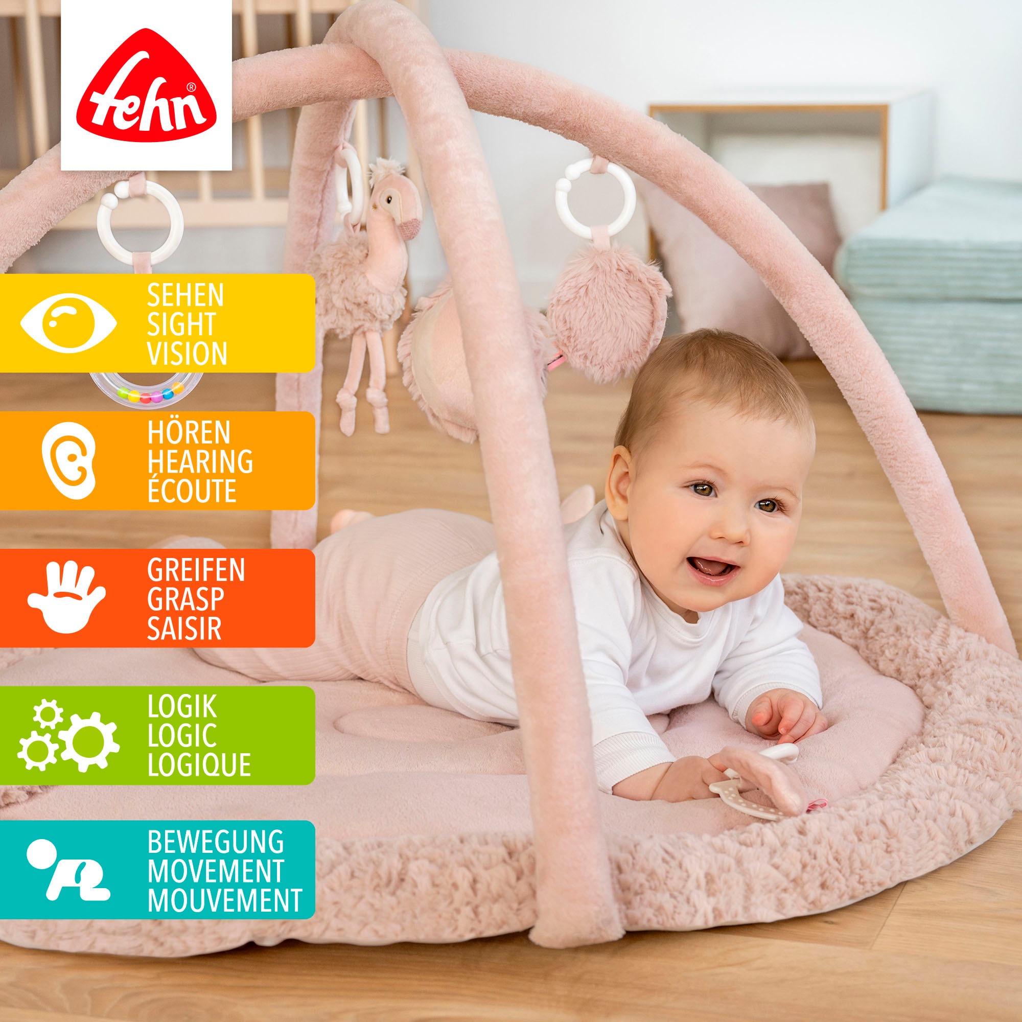 Fehn Spielbogen »Lazy, Crazy & Pink, Flamingo, 3-D-Activity-Decke«, mit 5 abnehmbaren Spielzeugen