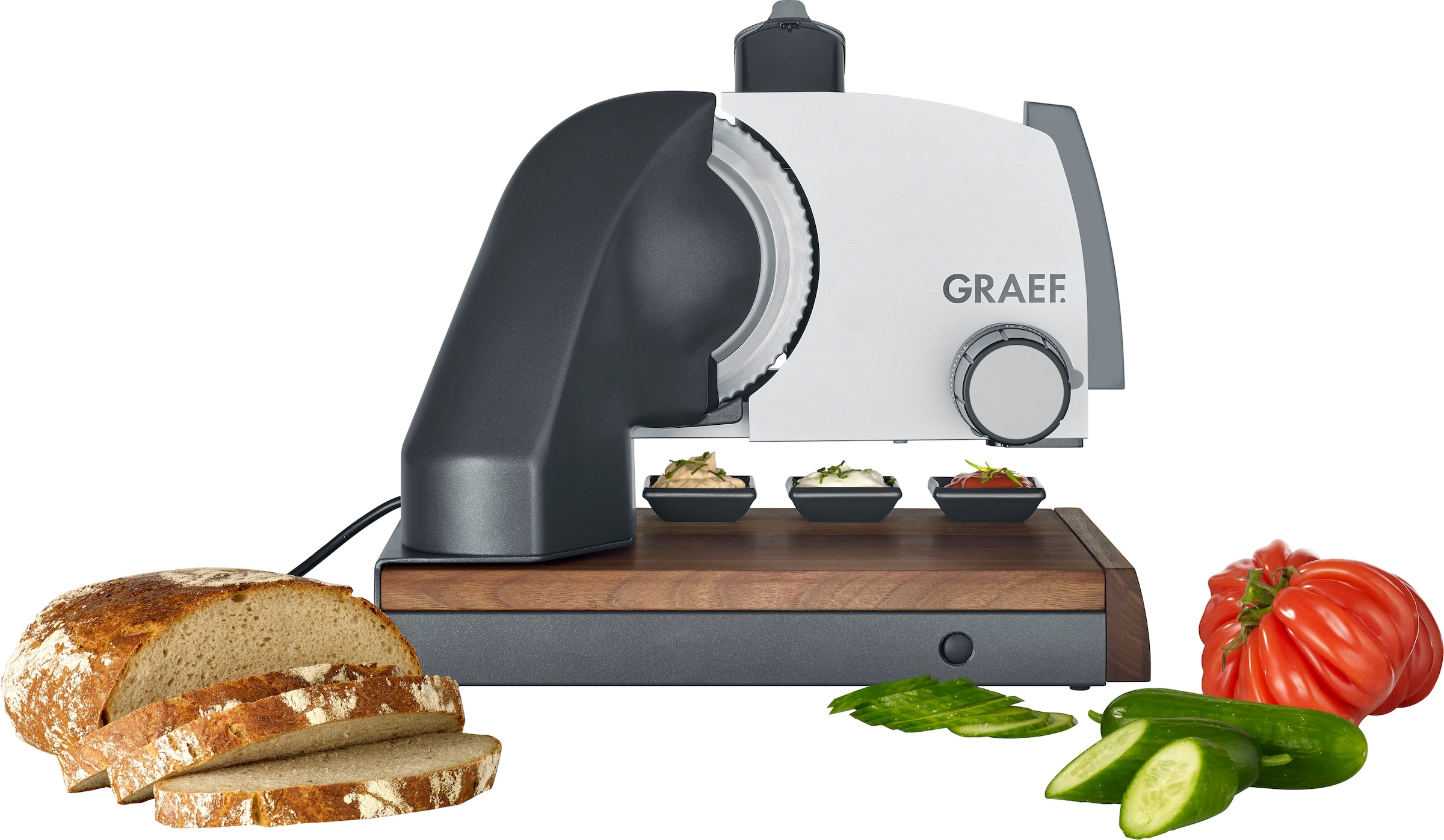 Graef Allesschneider »ICONIC²³ S55006«, 170 W, mit Walnussholz-Schneidbrett, 3 Dip-Schälchen aus Porzellan