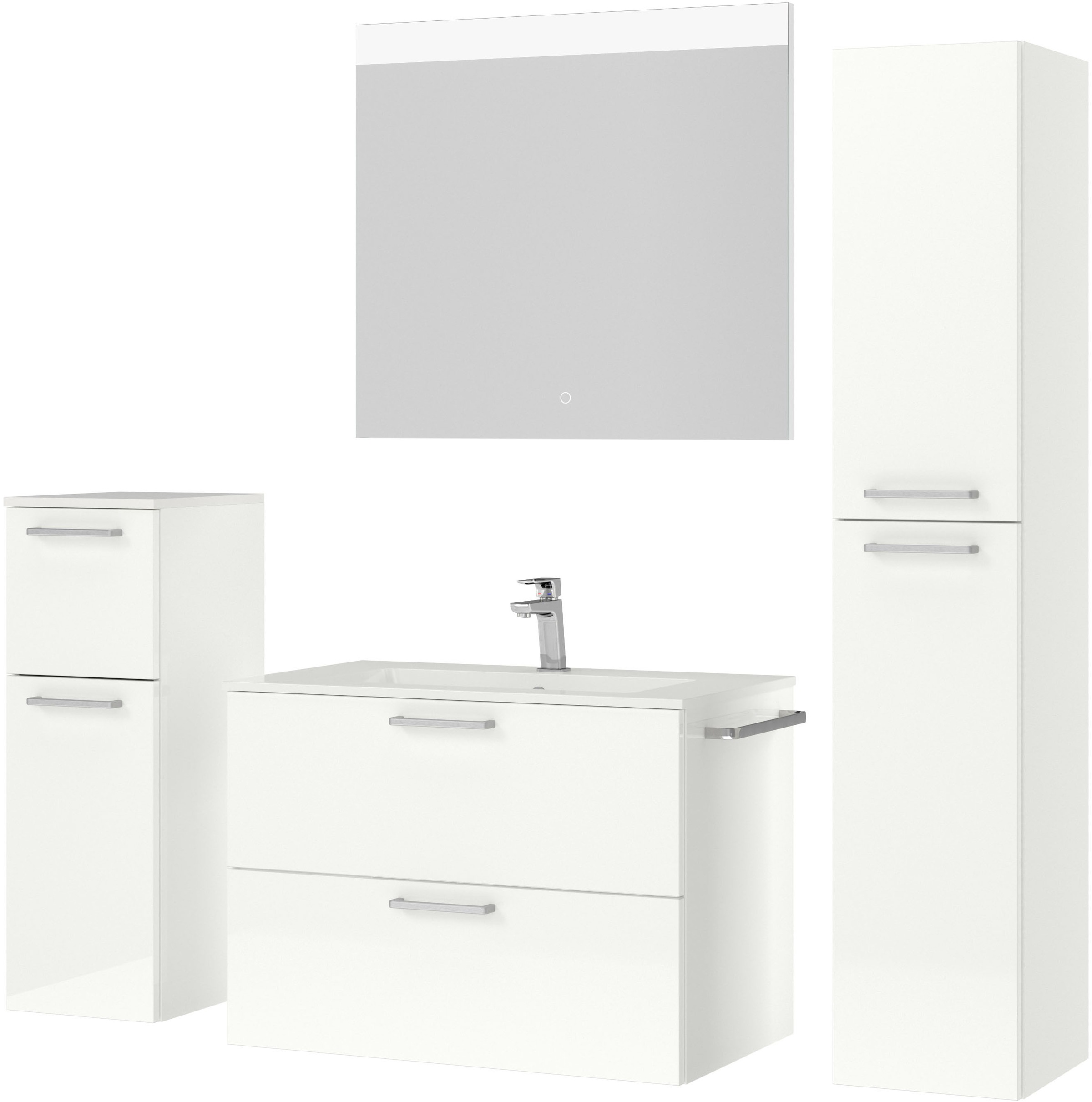 nobilia® Badmöbel-Set »Tolvina«, (4 St., vormontiert, mit Soft-Close), Hochglanz, inkl. Spiegel mit Touch-Sensor, in vier Breiten