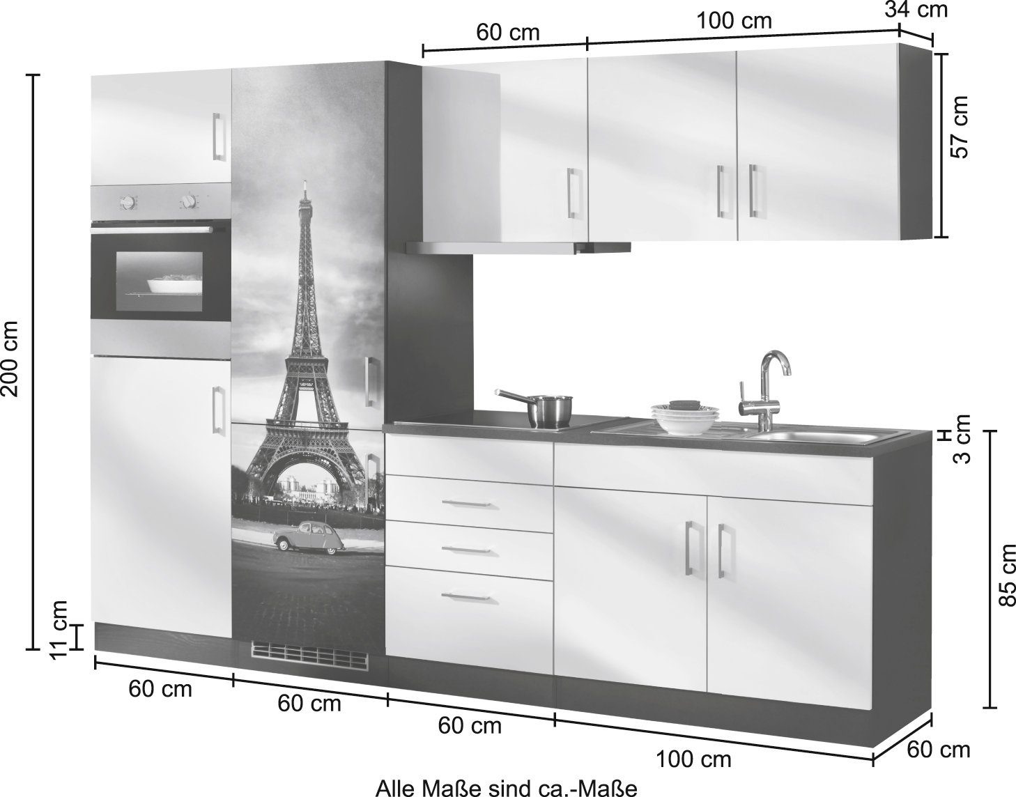 HELD MÖBEL Küchenzeile »Paris«, mit E-Geräten, Breite 280 cm