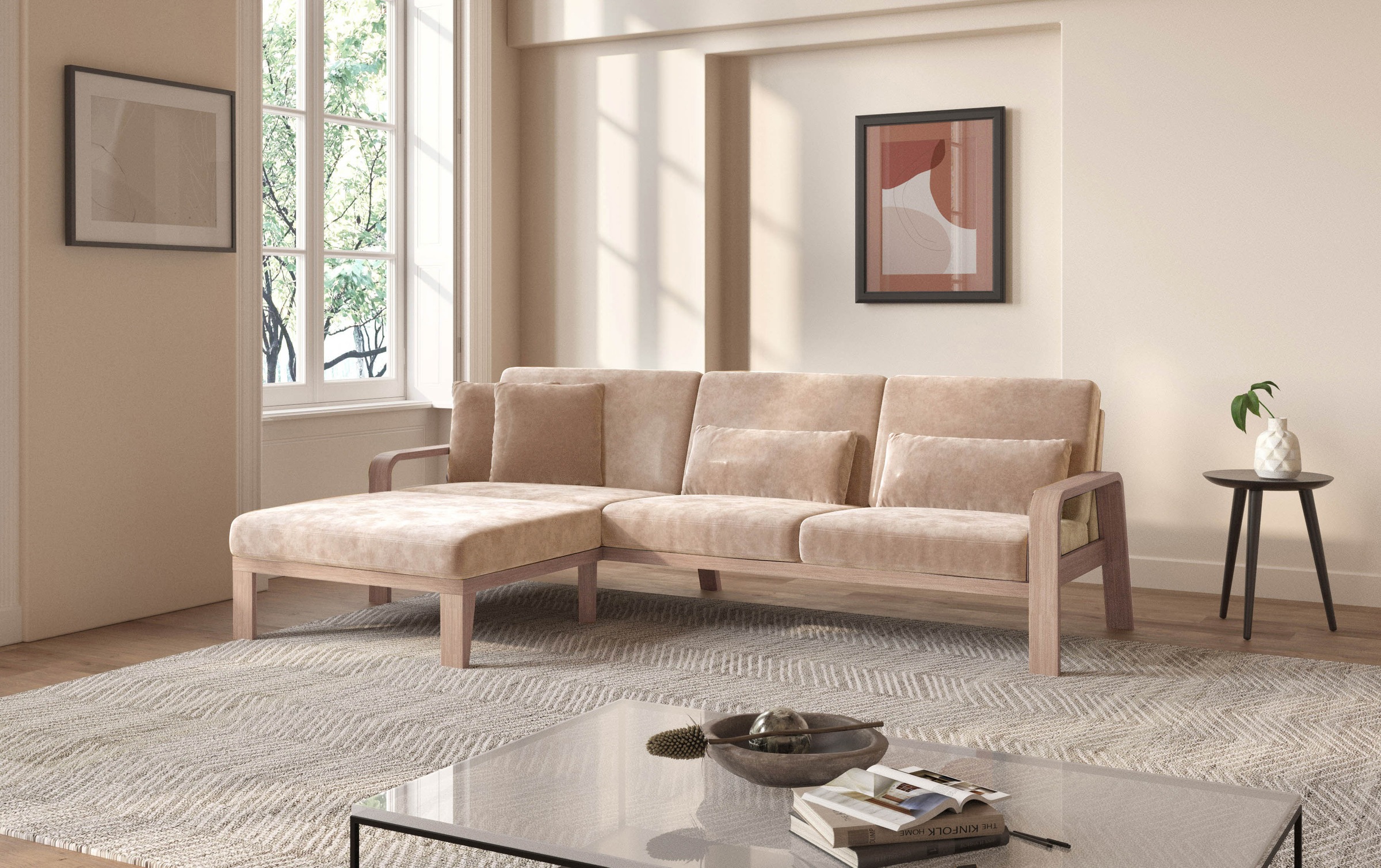 sit&more Ecksofa »Kolding L-Form«, Armlehnen aus Buchenholz in natur, verschiedene Bezüge und Farben