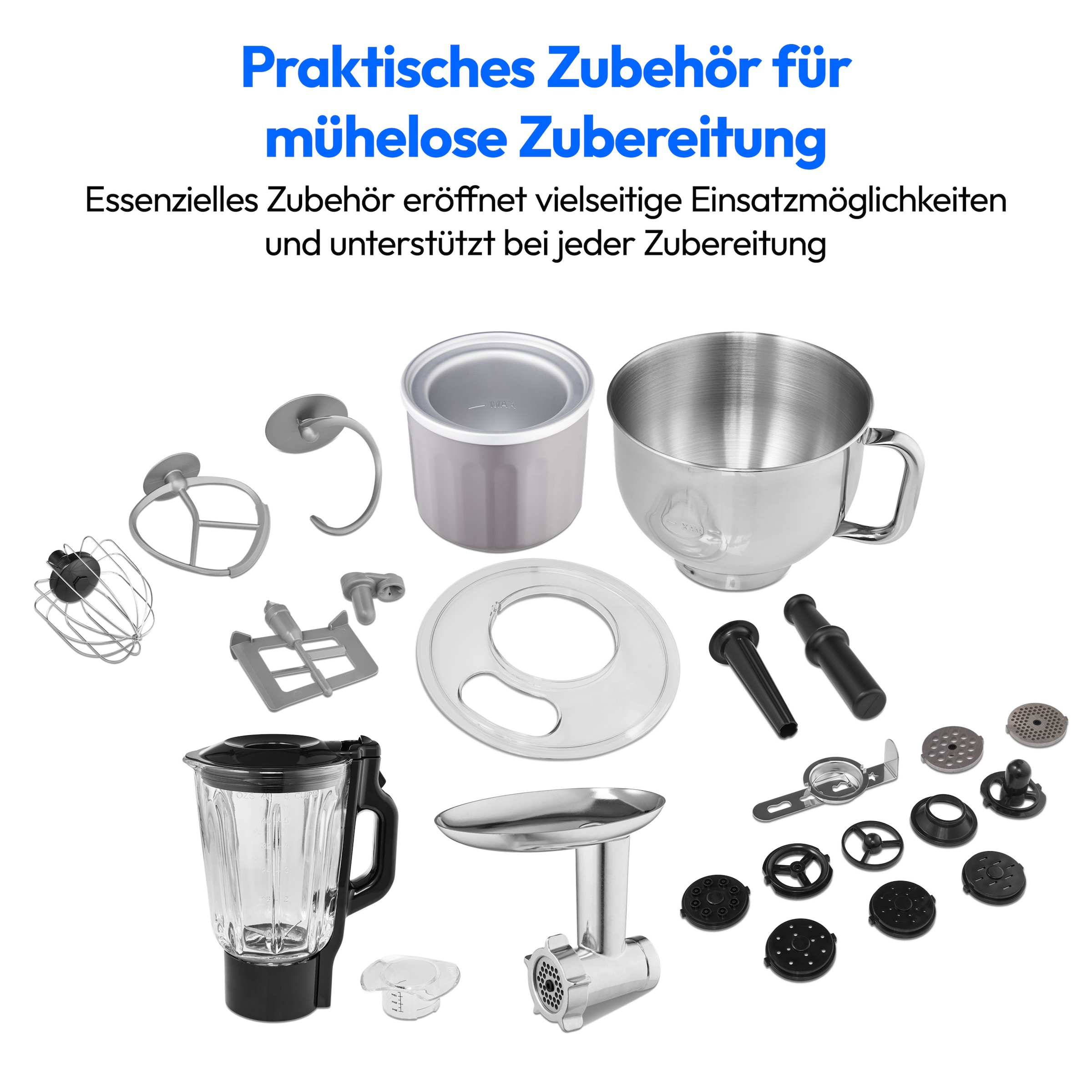 Medion® Küchenmaschine »MD 18442, 8 Geschwindigkeitsstufen, Impulsfunktion, 5L Rührschüssel«, Umfangreiches Zubehör-Set inkl. Eisschüssel für Speiseeiszubereitung