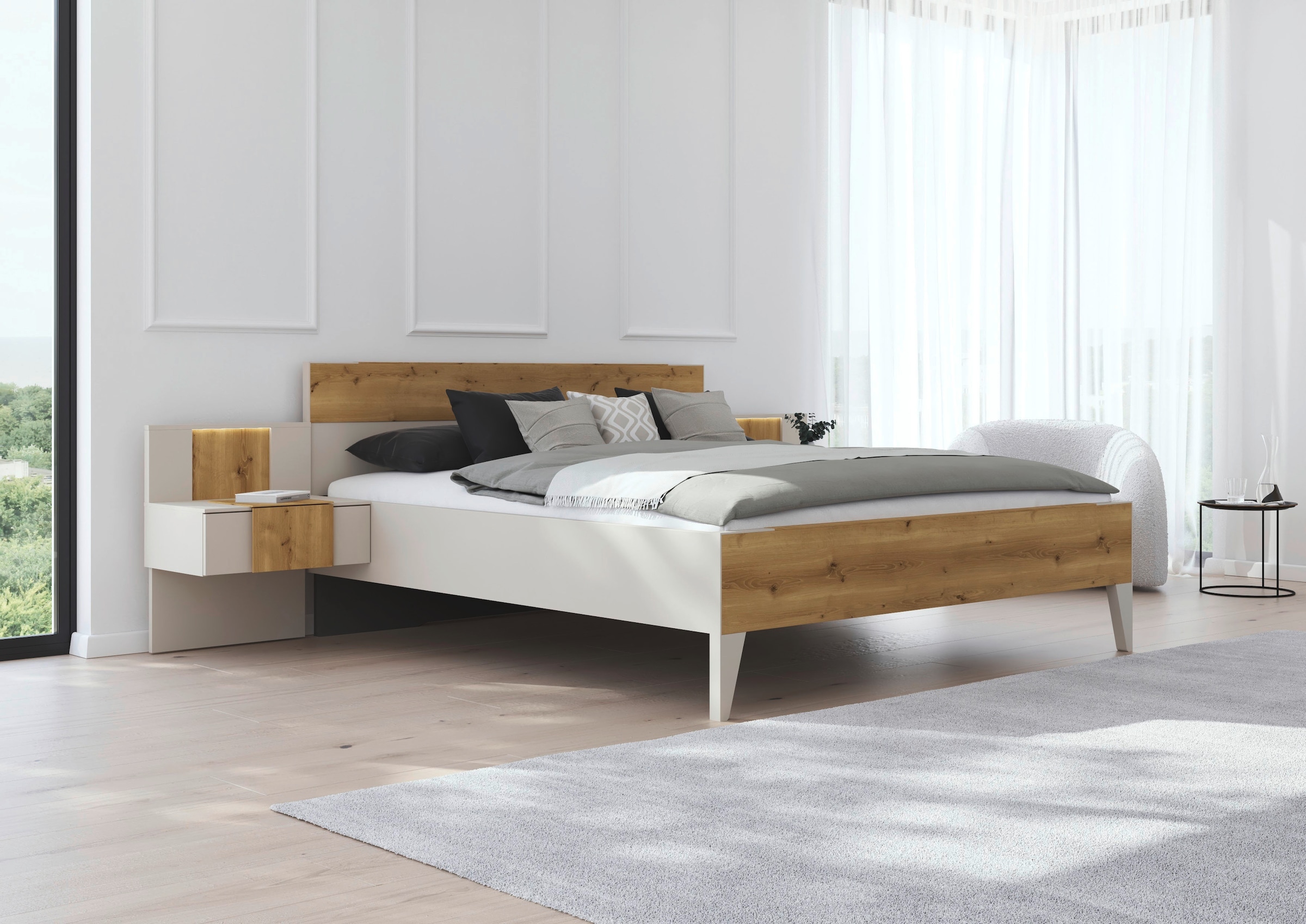 rauch Bettanlage »Bett Doppelbett Komfortbett Schlafzimmer Nachttische KONA« Set, Bett 180x200 oder 200x200, 2x Hängenachttisch, 2x Paneele mit Bel., 5 tlg. tlg. Absetzung Asteiche massiv, mit Soft-Close-Funktion MADE IN GERMANY
