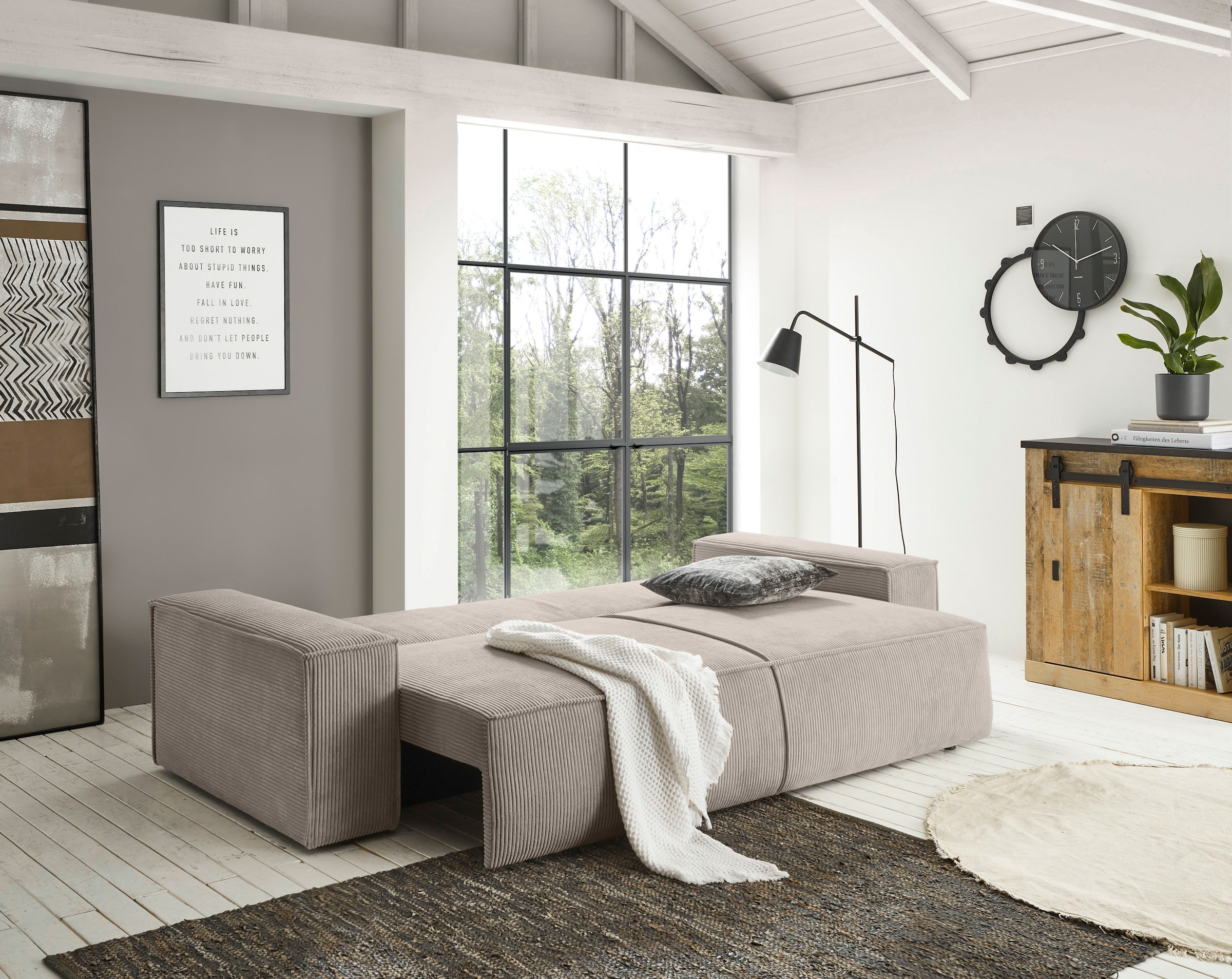Home affaire 3-Sitzer »SHERWOOD Schlafsofa (257cm) Cord, Samtvelours, Vintage-Lederoptik«, Schlaffunktion mit Bettkasten (ca. 136/200cm)