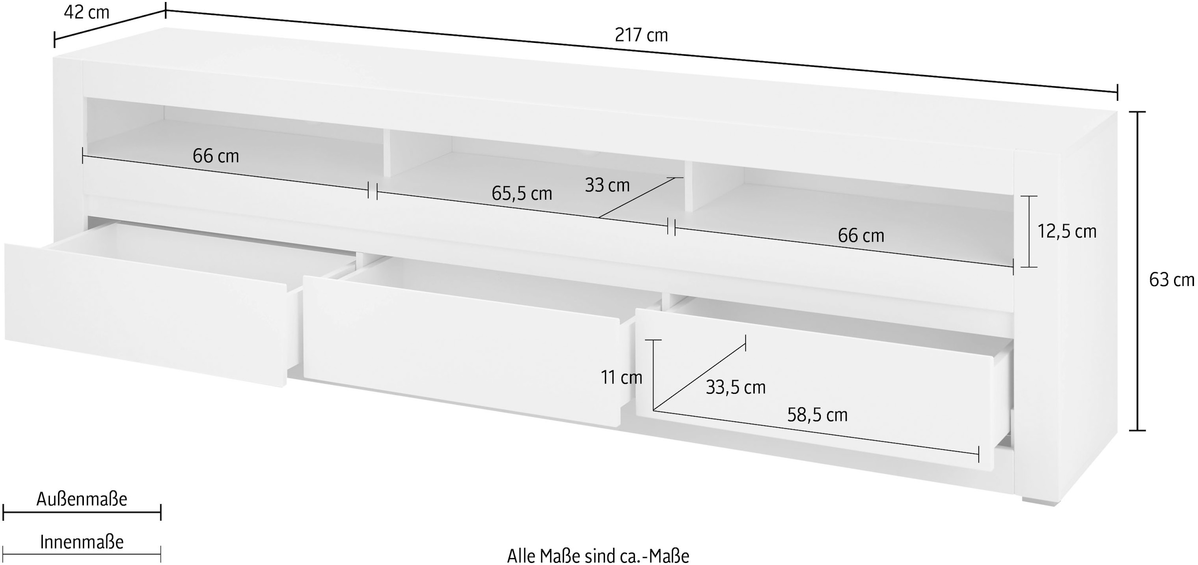 INOSIGN Lowboard »Chester, moderner TV-Unterschrank, Kommode mit Stauraum, Weiß Matt«, (1 St.), austauschbare Blende in Griffleiste, zeitloses Design, 217 cm breit