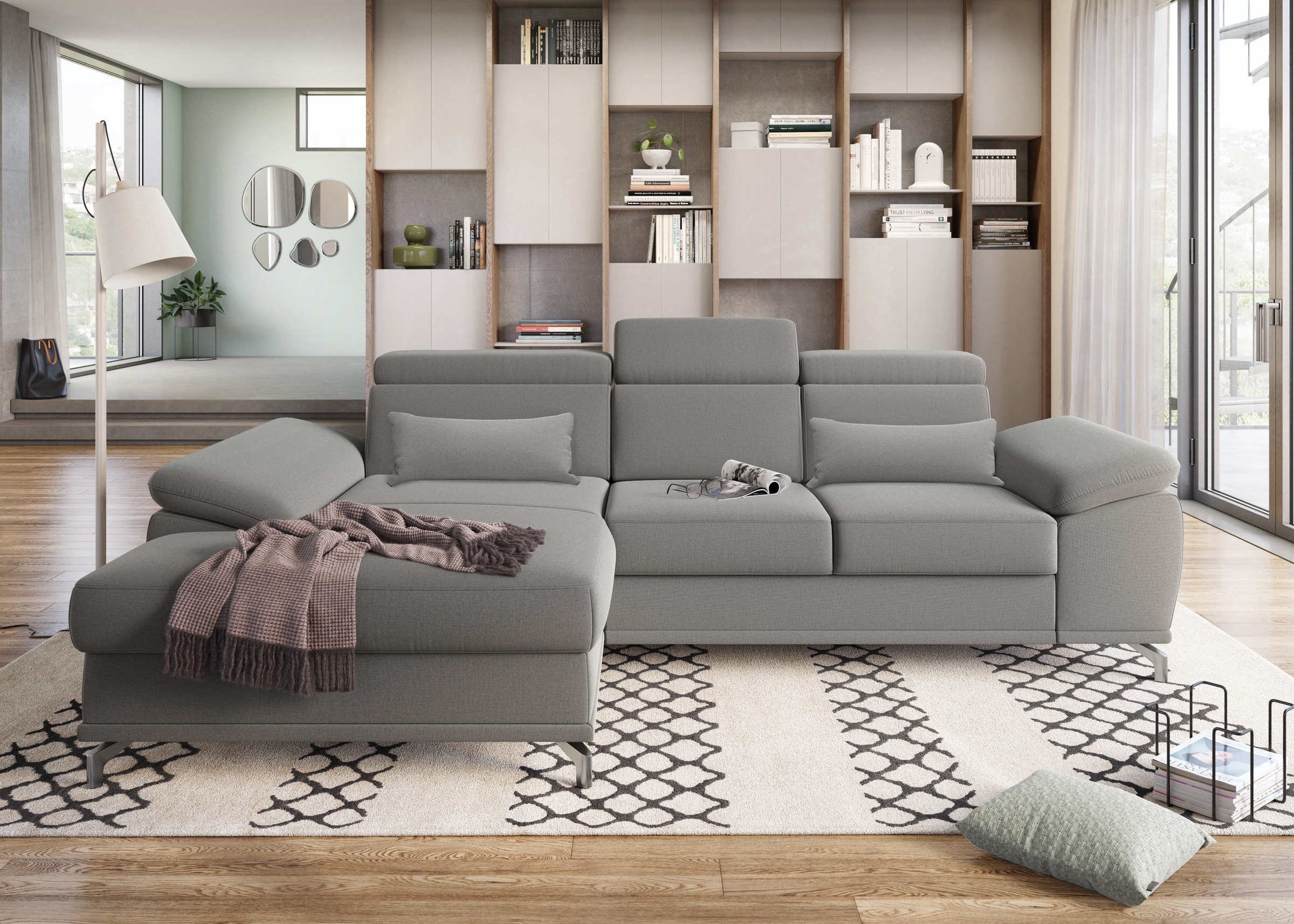 sit&more Ecksofa »Cabrio L-Form, mit Sitztiefenverstellung, Arm- und Kopfteilverstellung«, 2 Nierenkissen, Federkern, optional Bettfunktion und Stauraum