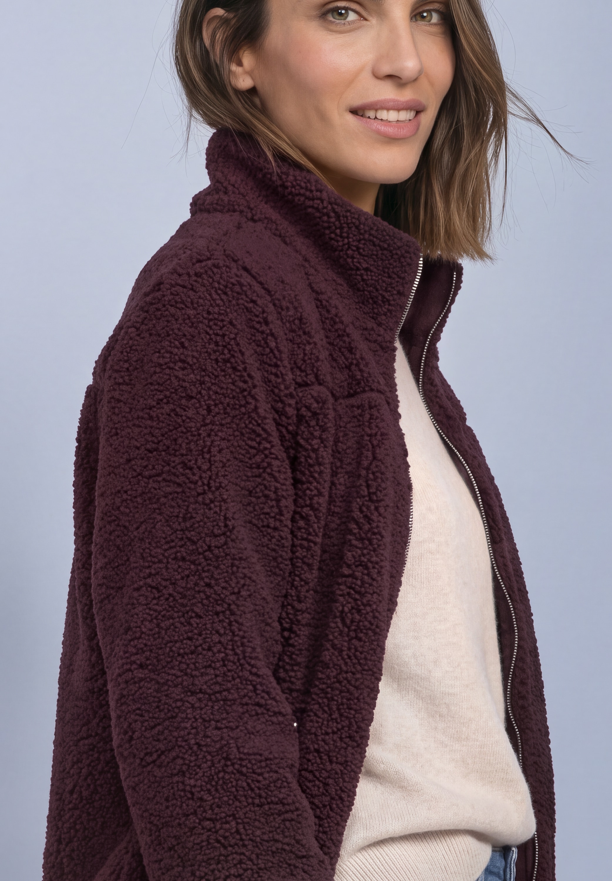 STREET ONE Fleecejacke ohne Kapuze Teddy-Jacke mit Stehkragen und Zipper