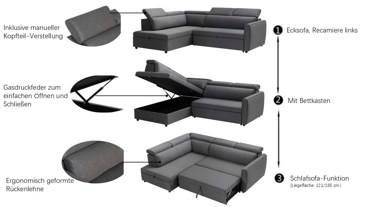 OTTO home Schlafsofa »KALLEA, Ecksofa, L-Form inkl. Schlaffunktion und XXL Bettkasten« inkl. verstellbarer Kopfstützen, Sitzen + Loungen, Cord und Webstoff