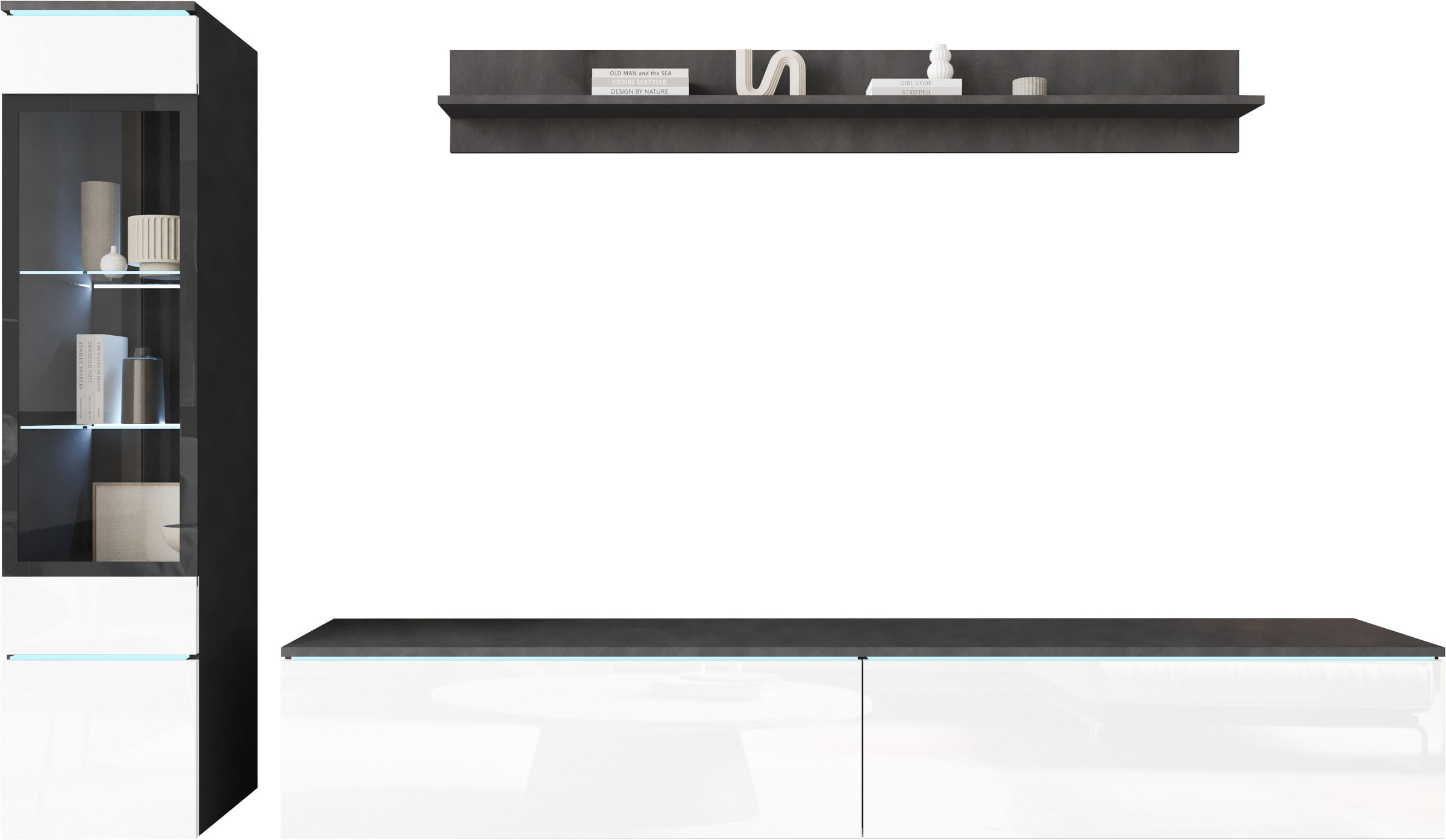 INOSIGN Wohnwand »VERA I, Vitrinen Türanschlag links/rechts wechselbar«, (Komplett-Set, 3 St.), Mediawand 230 cm, Vitrine mit Verglasung, stehend und hängend