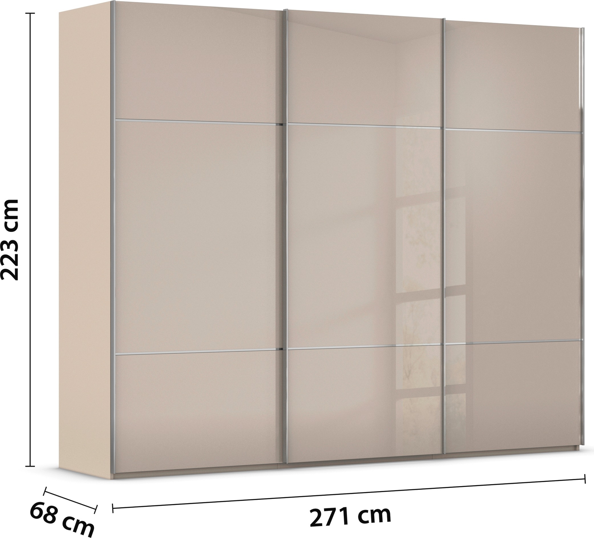rauch Schwebetürenschrank »Kleiderschrank Schrank Garderobe Schlafzimmerschrank SCALE-TRIO«, edle dreigeteilte Front mit 2 Zierleisten Glasfront MADE IN GERMANY