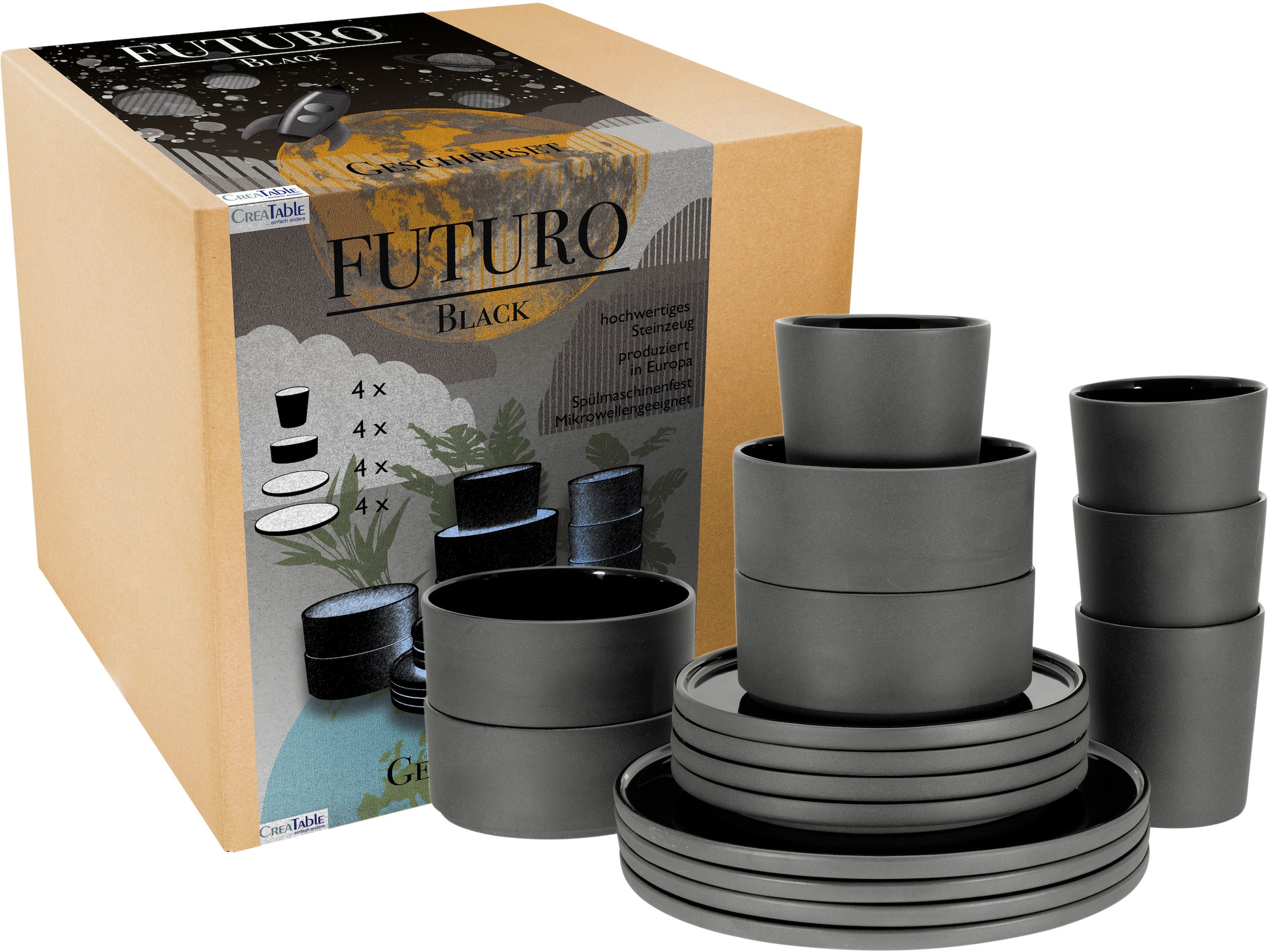 CreaTable Kombiservice »Futuro«, (Set, 16 tlg.), Service, je 4 Speiseteller, Dessertteller, Schalen, Kaffeebecher