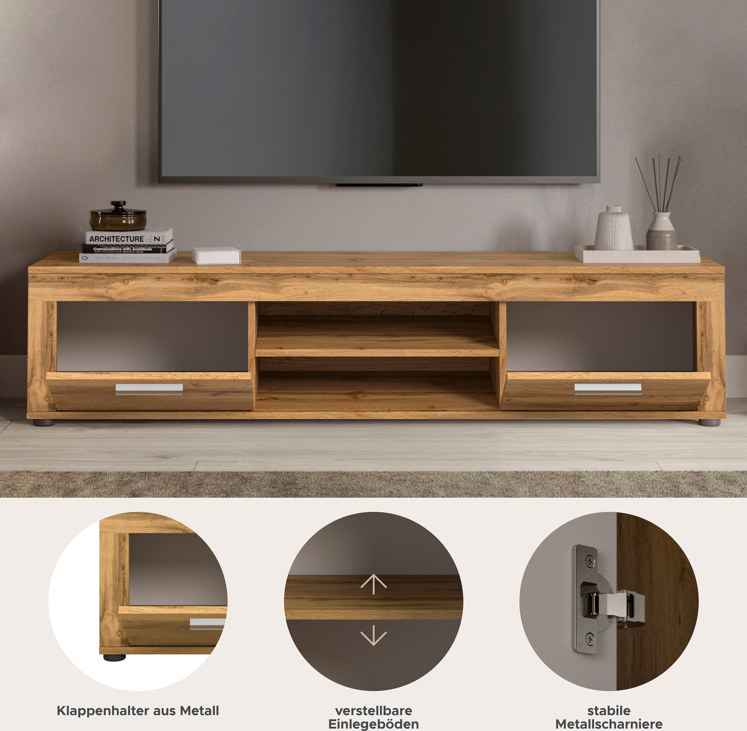 INOSIGN Lowboard »Aosta, Breite 160 cm, in verschiedenen Farbausführungen«, mit 2 Klappen und 2 offenen Fächern, TV-Board, Mediaboard, TV-Möbel