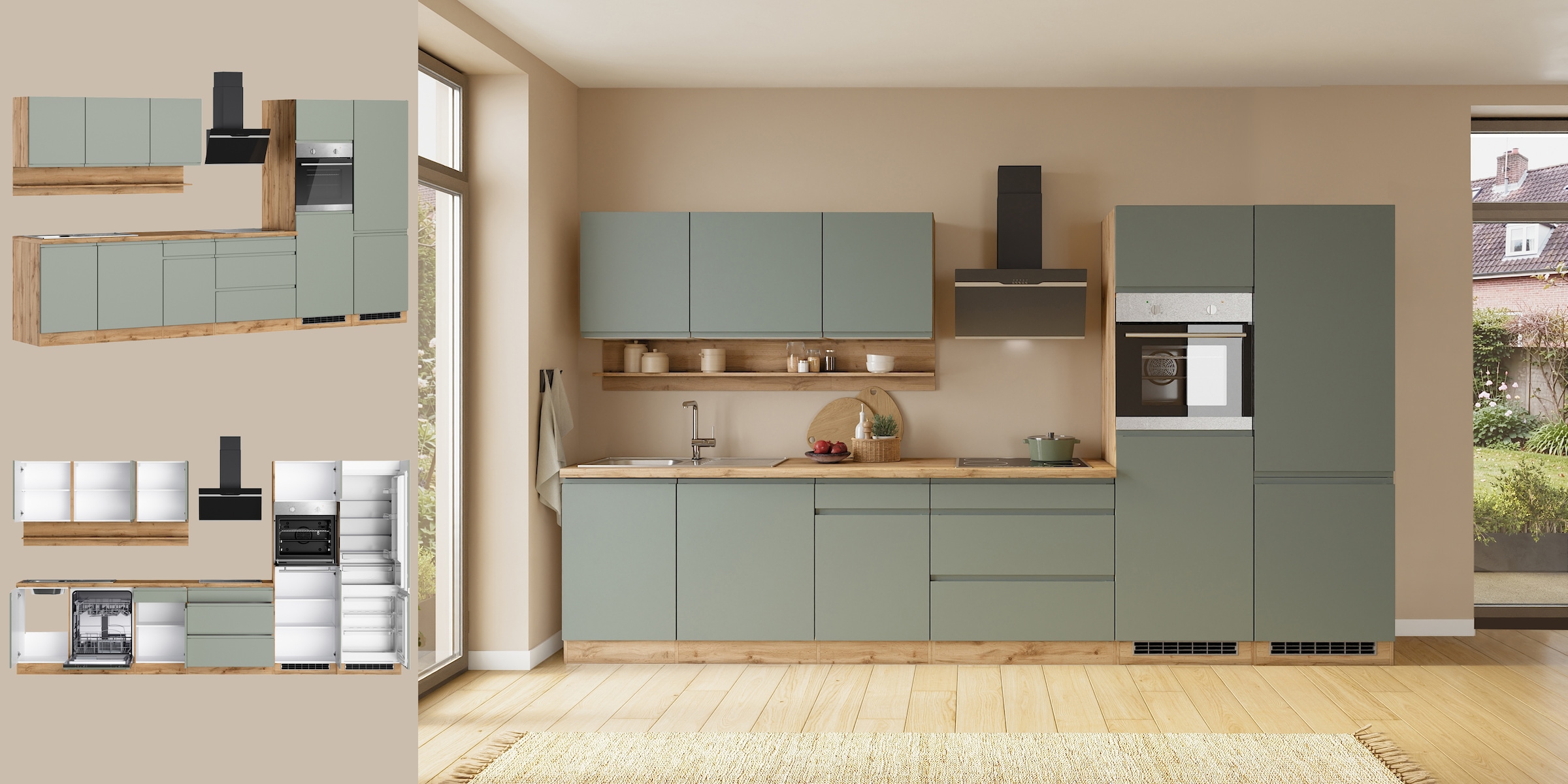 KOCHSTATION Küchenzeile »KS-Virginia,neu in verbesserter Ausführung« Arbeitsplatte 38 mm stark, Stauraum, Softclose,  Breite 360 cm, Softclose, wahlweise mit E-Geräten und Induktion