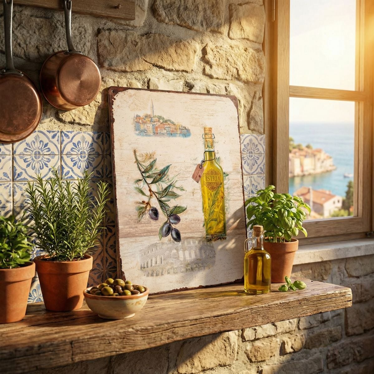 Ambiente Haus Metallbild »Istria« Kroatien | Küche | Natur | Vintage 1 Stk. tlg. Metallbild - Istrien & Olivenöl