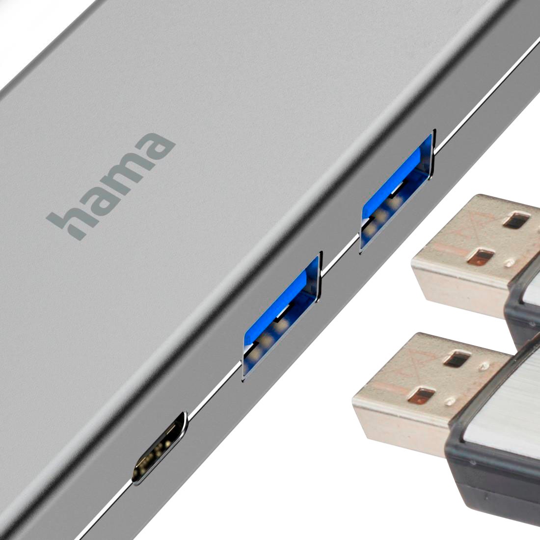 Hama USB-Adapter »USB-C Multiport Hub für Laptop mit 4 Ports, USB-A, USB-C, HDMI«, USB-C zu USB Typ A-USB-C-HDMI, 15 cm, Laptop Dockingstation, kompakt, robustes Gehäuse, silberfarben
