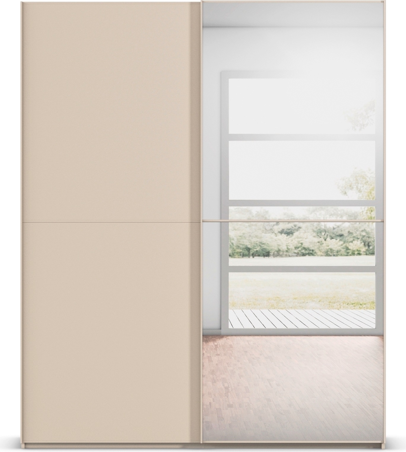 rauch Schwebetürenschrank »Kleiderschrank Schrank Garderobe Schlafzimmerschrank SCALE-DUO«, edle zweigeteilte Türen, Spiegel und 3 Zierleisten MADE IN GERMANY