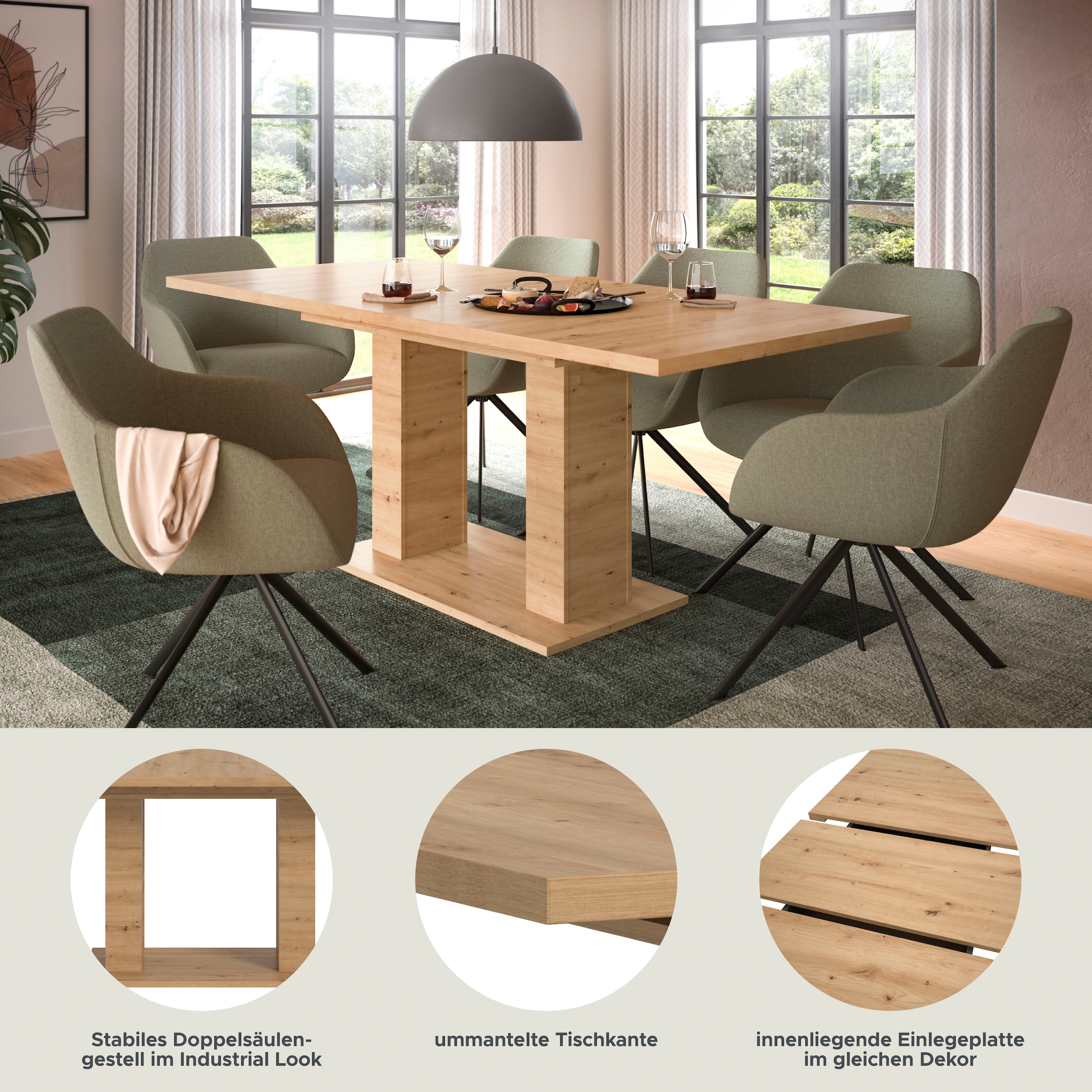 INOSIGN Esstisch »Motus, ausziehbar 150 -190 cm, inklusive 40 cm Einlegeplatte«, (Set, 1 St.), Doppelsäulengestell mit Bodenplatte, Tisch, Esstisch, Küche