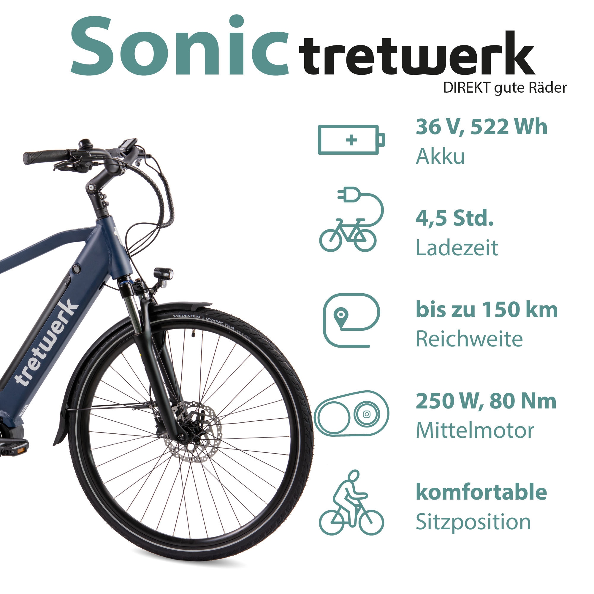 Tretwerk E-Bike »Sonic«, 8 Gang, Shimano, Acera M3020 SGS, Mittelmotor 250 W, Pedelec, Elektrofahrrad für Damen u. Herren